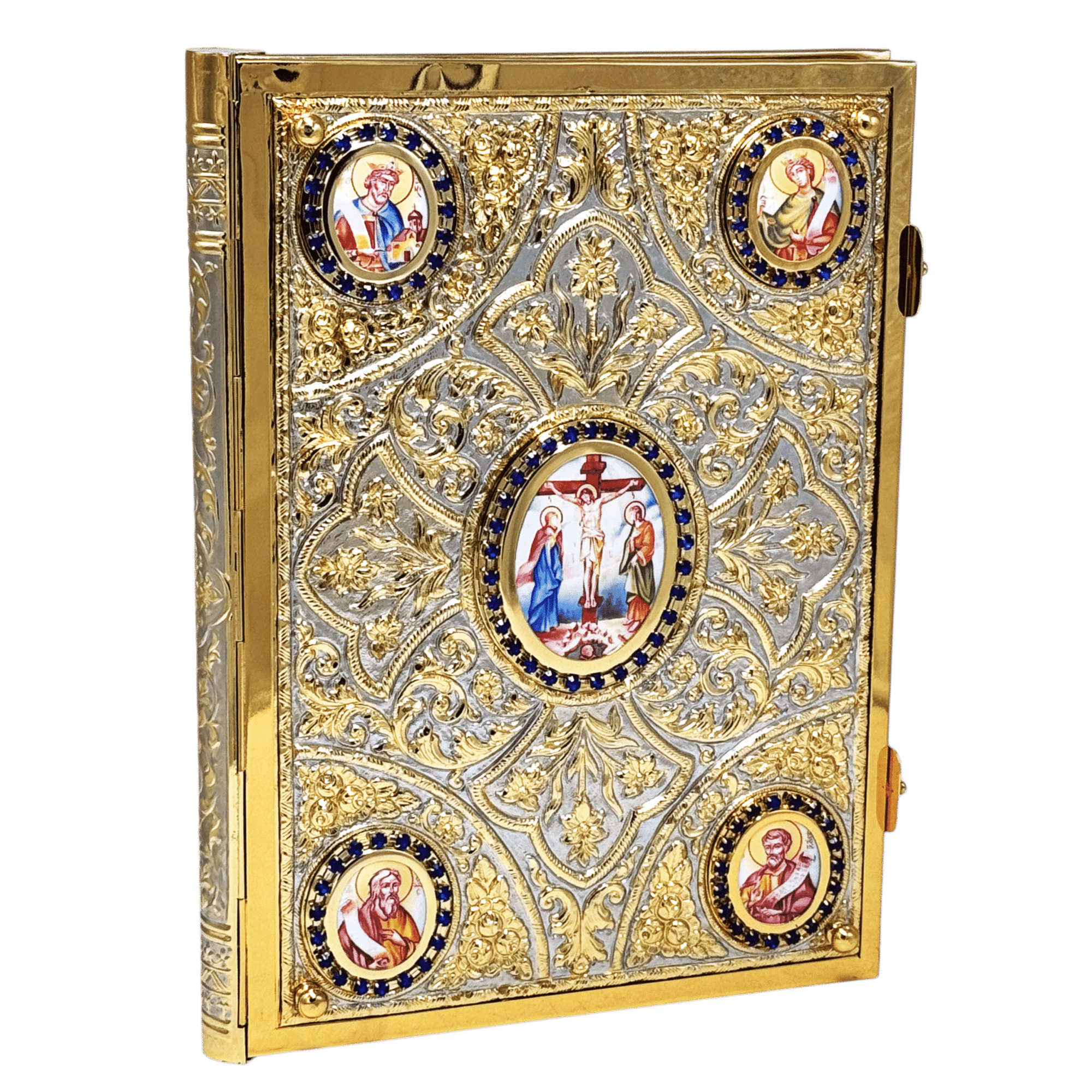 Intricate gold-plated Orthodox Christian religious book cover with colorful icon images of saints and Jesus Christ in detailed religious craftsmanship.