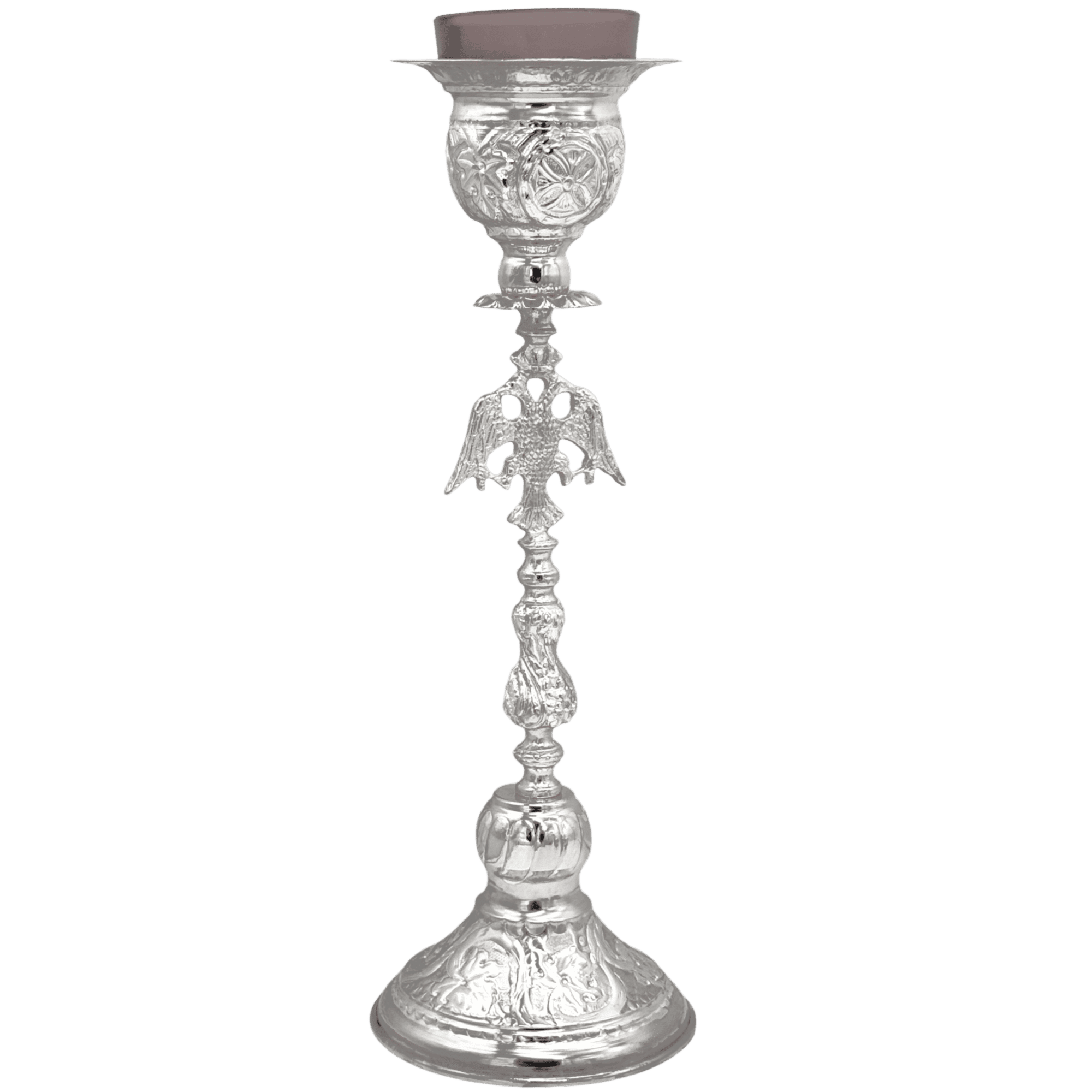 Ornate silver religious candle holder with intricate floral and angelic details, ideal for church ceremonies and ecclesiastical decorations.