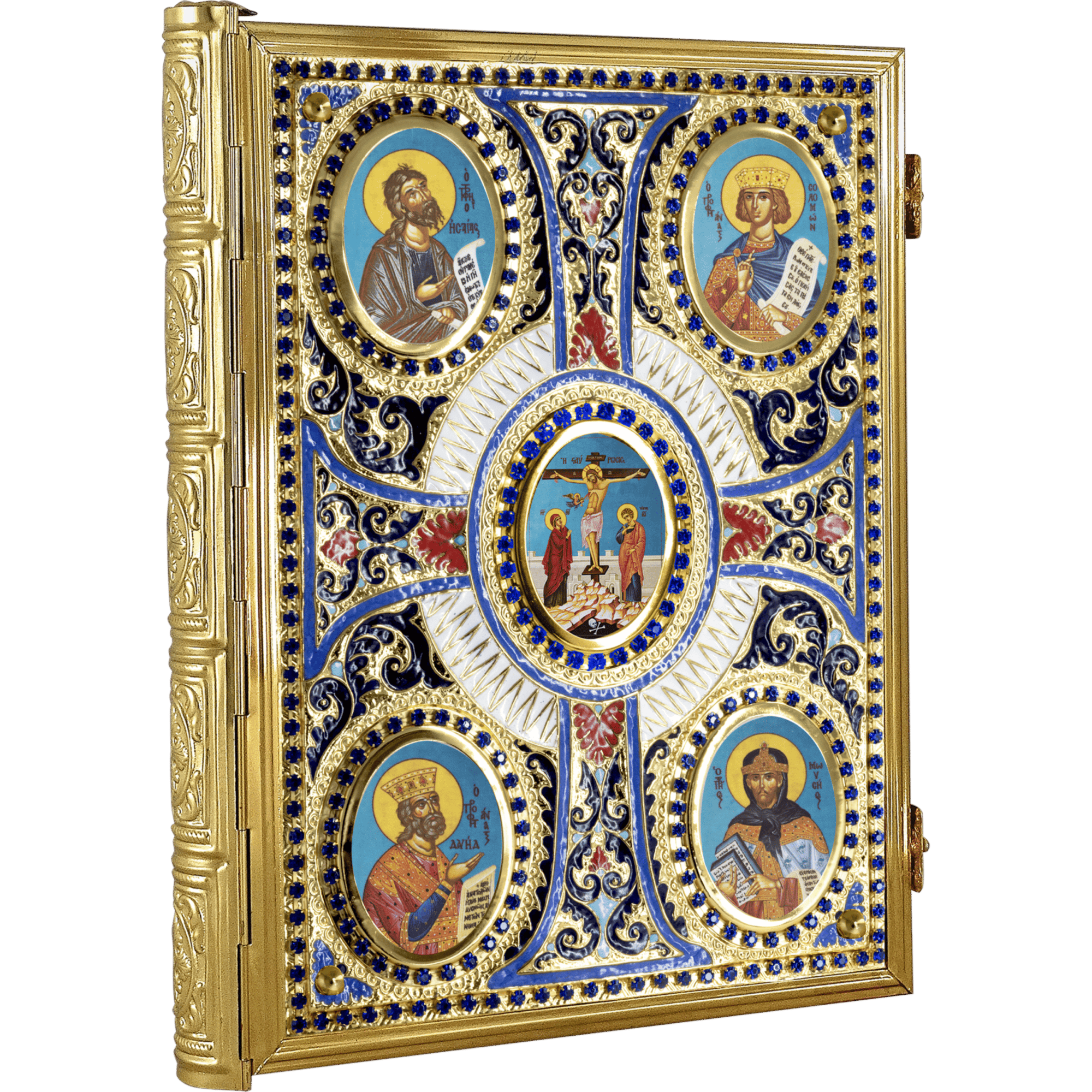 Intricate gold and enamel Orthodox Christian icon display with saints and religious scenes, showcasing exquisite ecclesiastical art, religious devotion, and handcrafted ecclesiastical items from Tsaatsaronis Antonios.