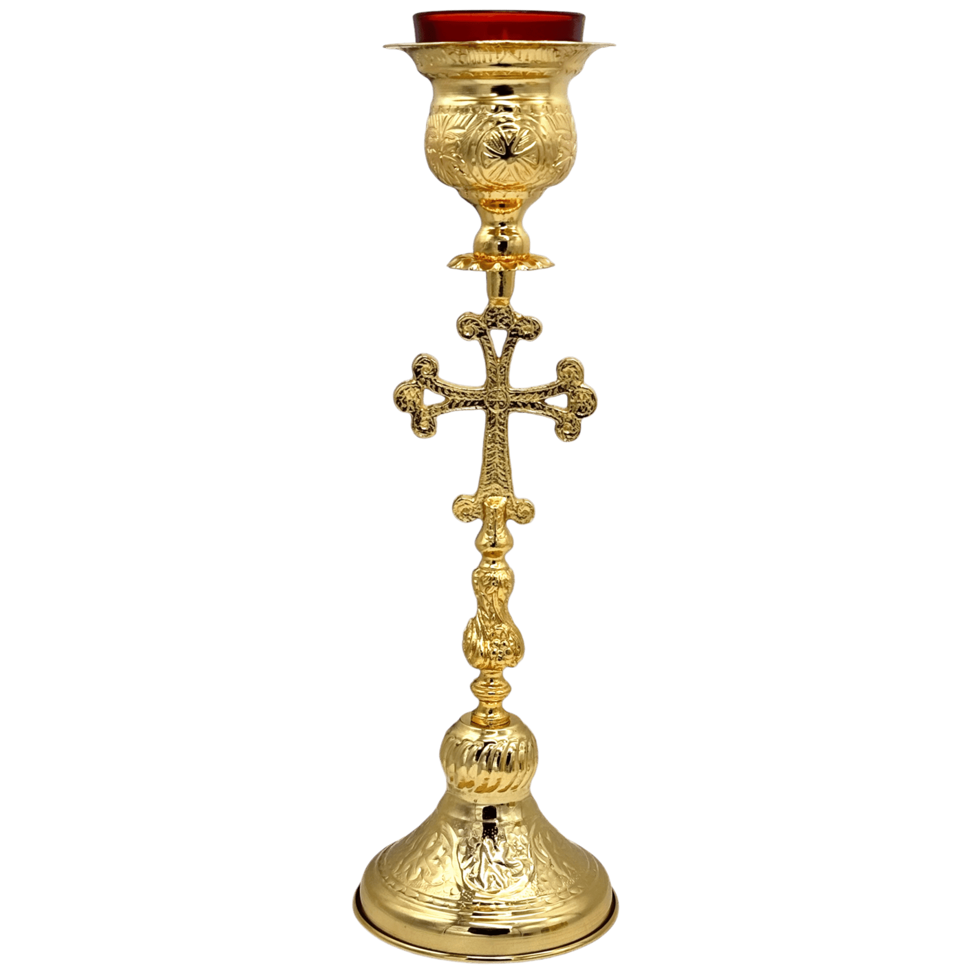 Ornate gold liturgical candle holder with a detailed cross and religious symbols, ideal for church services and religious ceremonies. Perfect for ecclesiastical decor and sacred rituals.