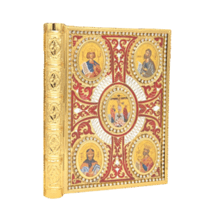 Ornate ecclesiastical iconography decorated with gold and gemstones, highlighting religious symbols and saints, perfect for Orthodox church adornment.