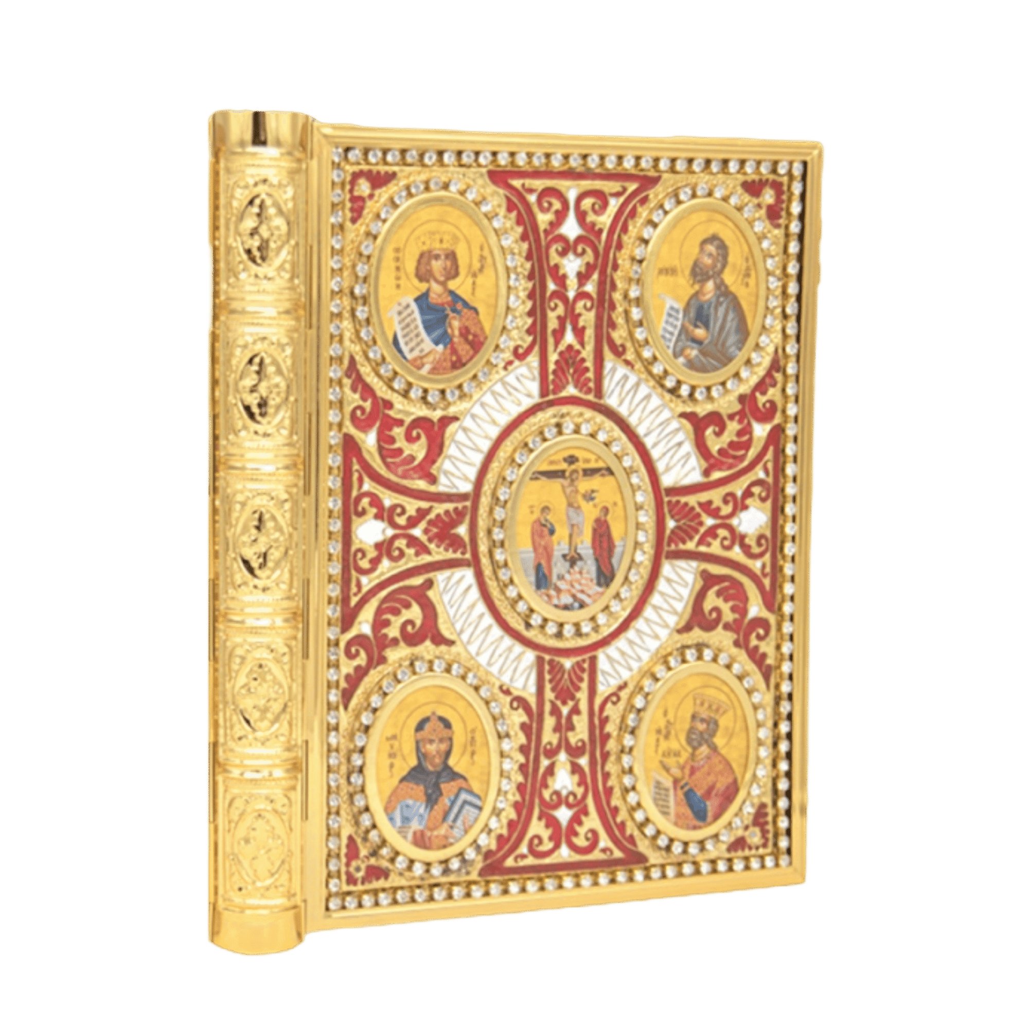Ornate ecclesiastical iconography decorated with gold and gemstones, highlighting religious symbols and saints, perfect for Orthodox church adornment.