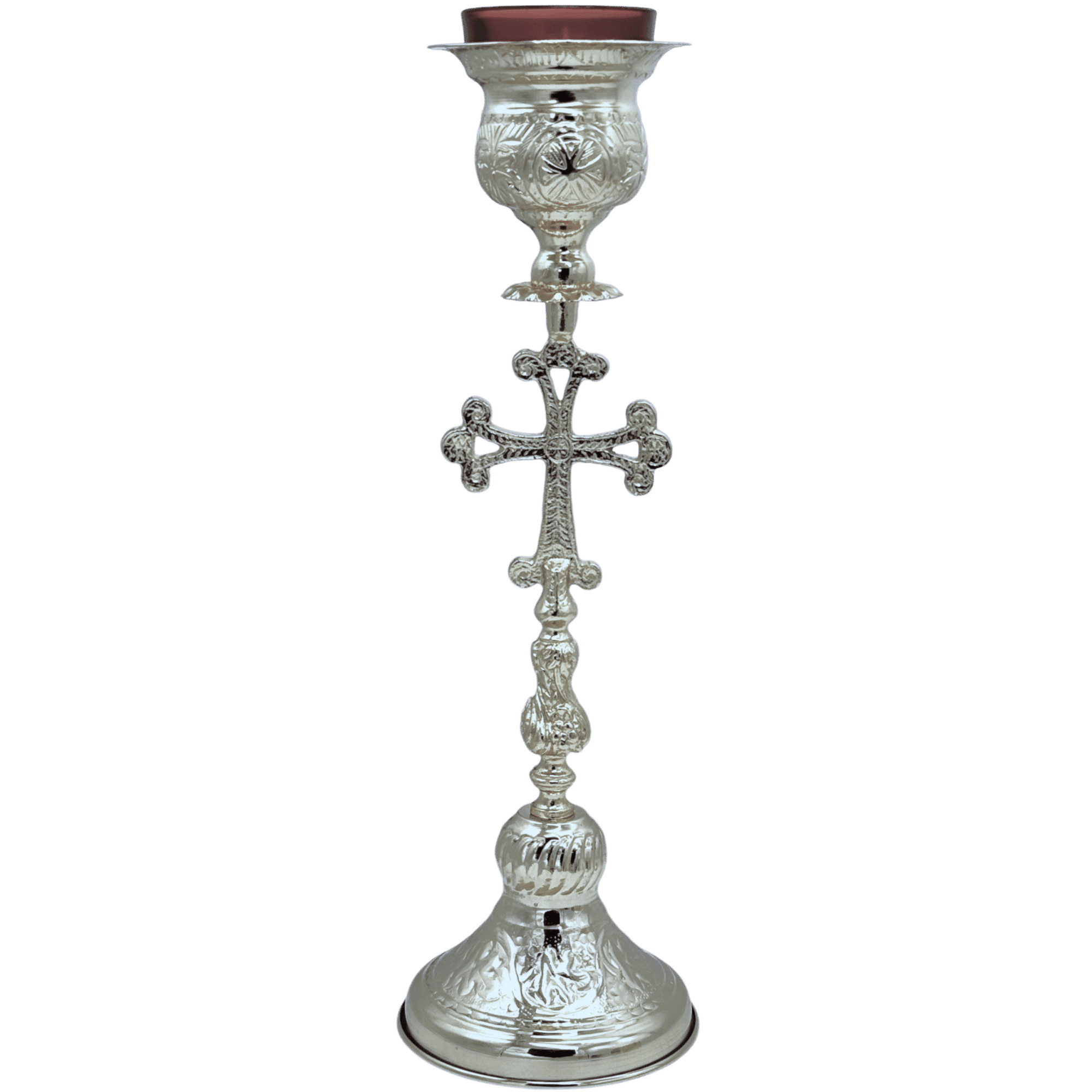 Ornate silver Orthodox candle holder with cross, ideal for religious ceremonies and church decorations.