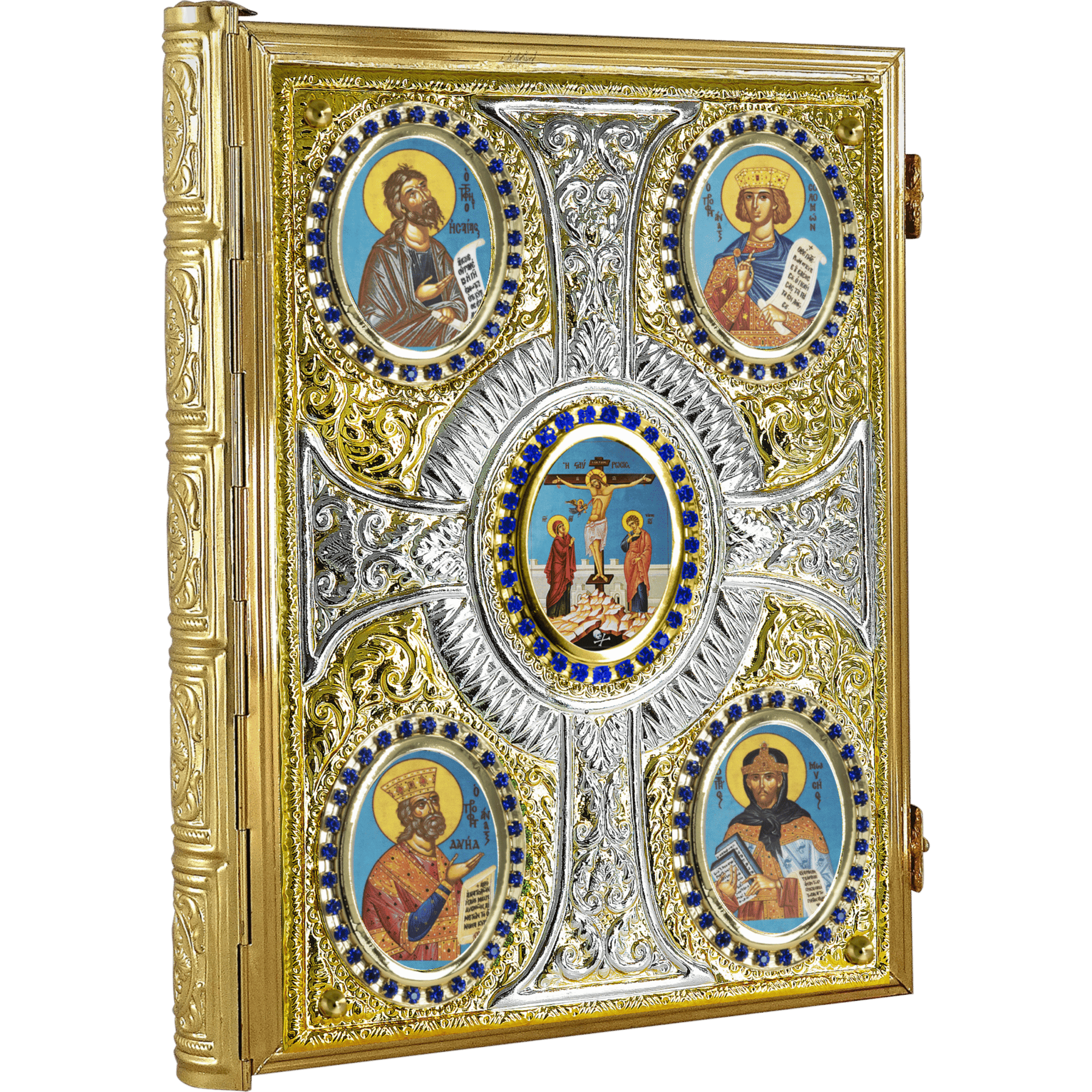 Vivid religious iconography religious icons in ornate gold and silver church icon layout, highlighting Orthodox Christian saints and biblical scenes.