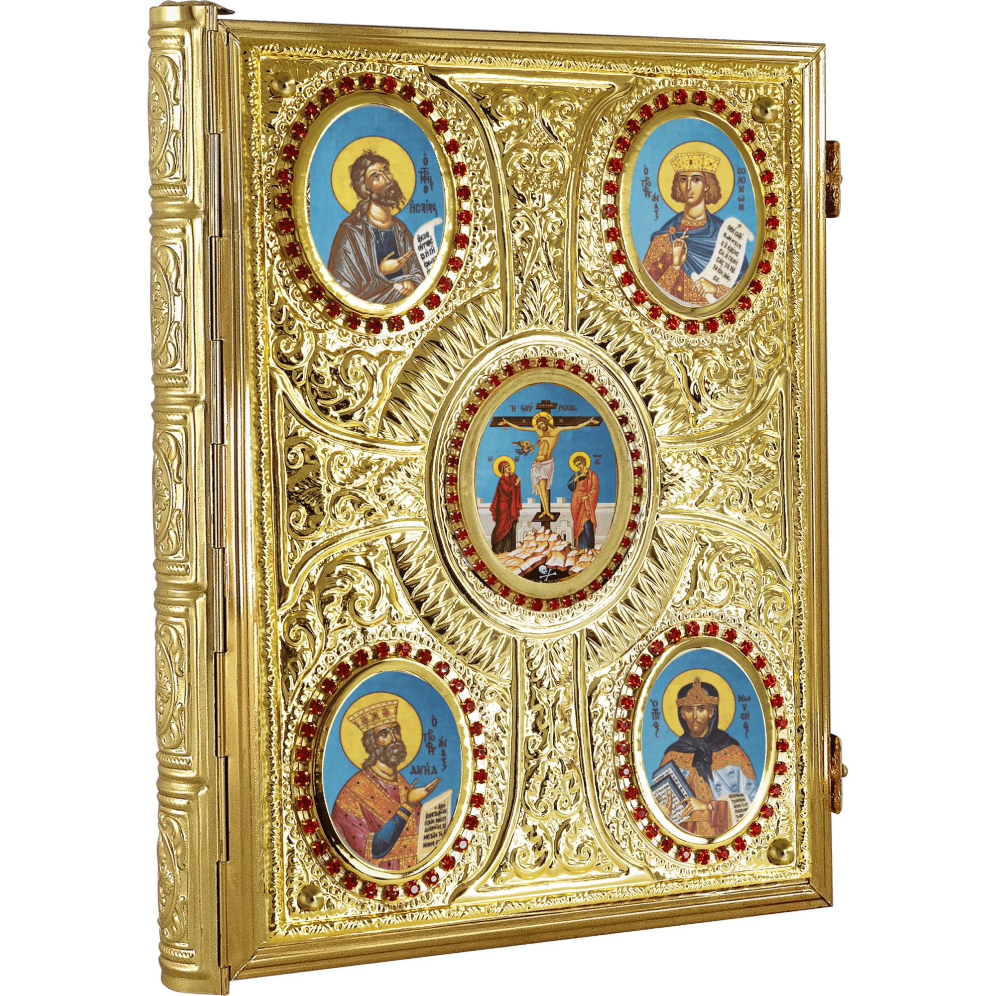 Intricate gold religious icon with multiple saint portraits, ornate detailing, and red jewel embellishments, used for Orthodox Christian worship and church decorations.