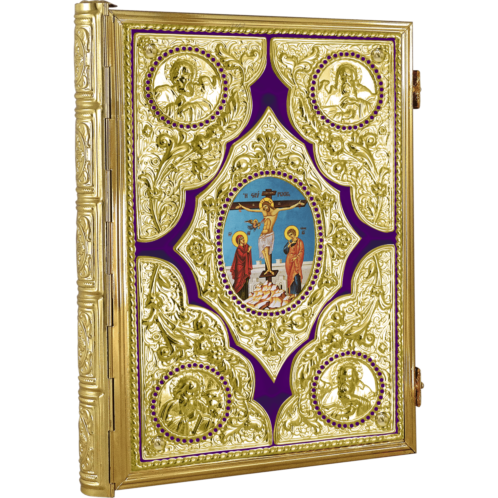 Gold ornate religious icon with detailed craftsmanship, featuring biblical scenes and saints, used as church ecclesiastical items for Orthodox Christian worship.