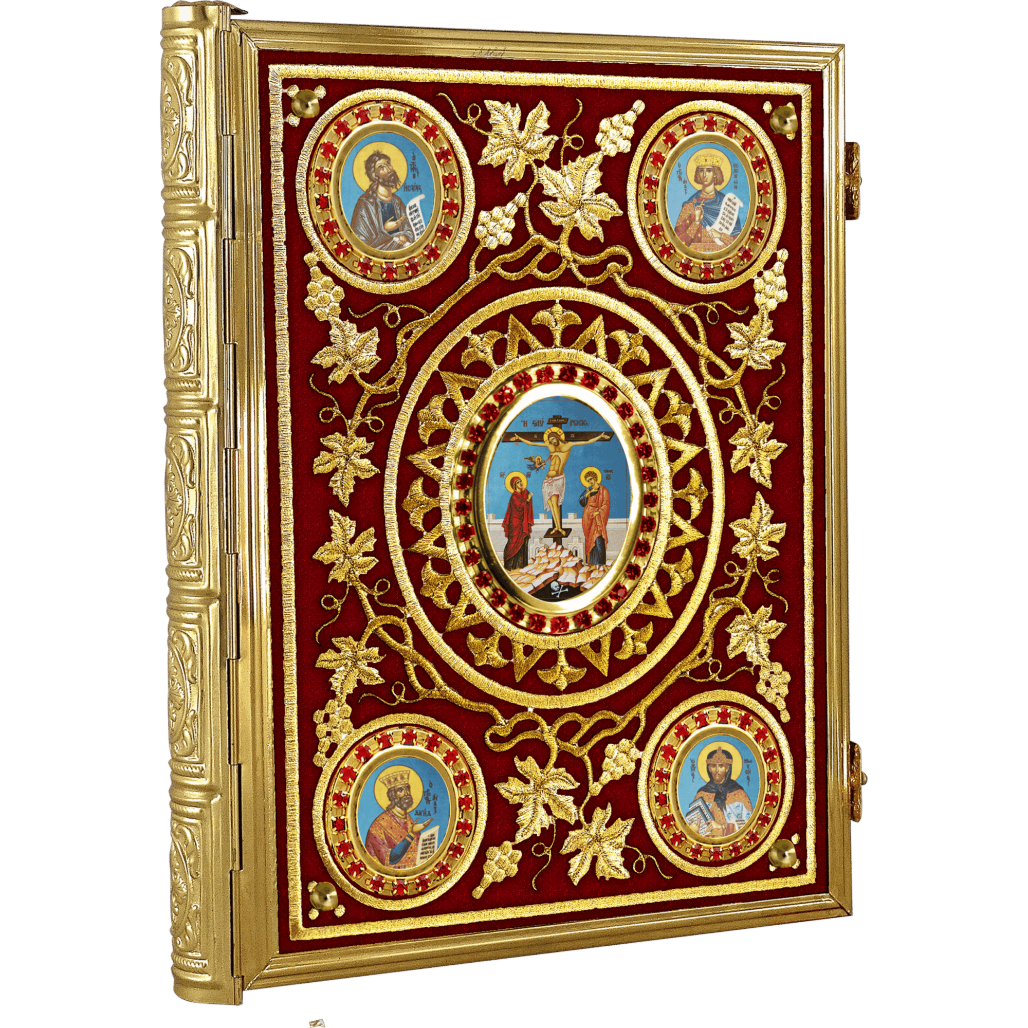 Intricate ecclesiastical icons with gold accents on a red velvet background, featuring religious figures and symbols, designed for church decor and ceremonial use.