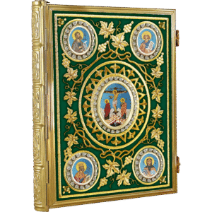 Intricately designed religious iconography frame with gold accents, featuring icons of saints and the crucifixion scene, used for ecclesiastical purposes in Greek Orthodox churches.