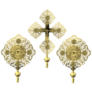 Gold ecclesiastical religious items including a bishop's cross and medallions, used in Orthodox Christian ceremonies, showcasing intricate craftsmanship and traditional design.