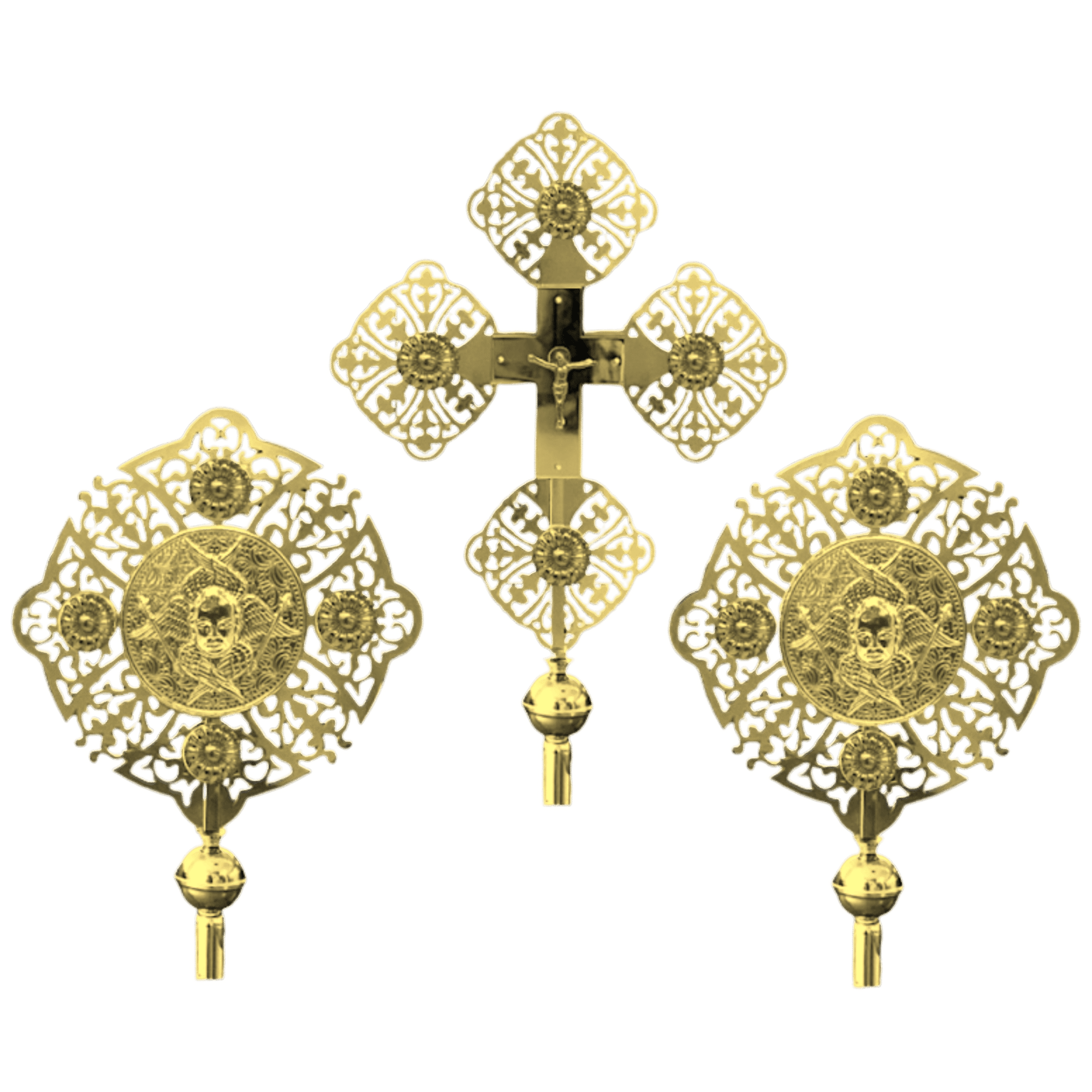 Gold ecclesiastical religious items including a bishop's cross and medallions, used in Orthodox Christian ceremonies, showcasing intricate craftsmanship and traditional design.
