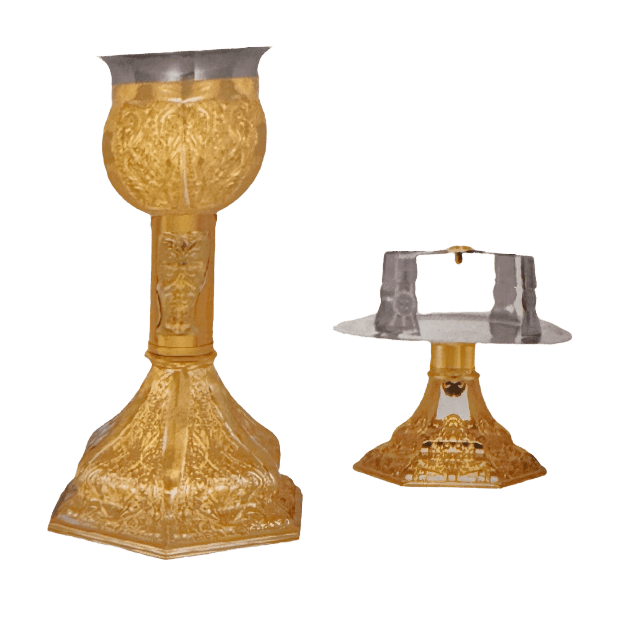 Golden ecclesiastical candleholder and silver candle holder for church candles, traditional religious items, handcrafted liturgical churchware from Atsatsaronis.
