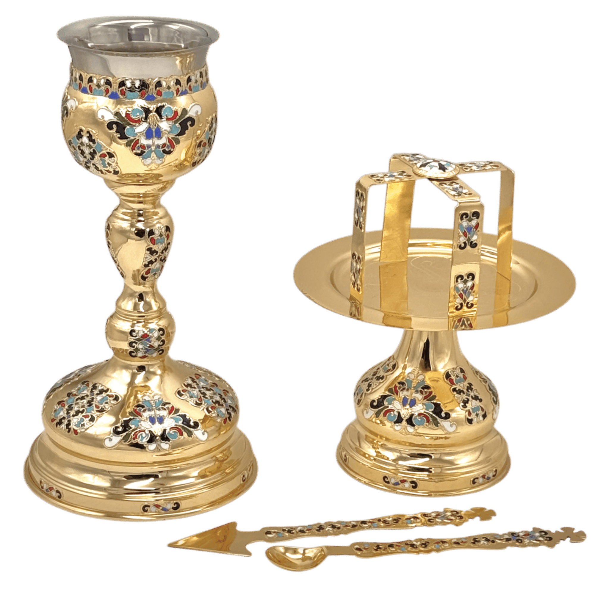 Ornate gold liturgical candles and candle holders for ecclesiastical ceremonies, featuring intricate enamel designs, ideal for church worship and religious traditions.