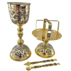 Intricately designed gold church liturgical set with colorful enamel accents, including chalice, tray, and liturgical tools, ideal for Orthodox religious ceremonies and ecclesiastical use.