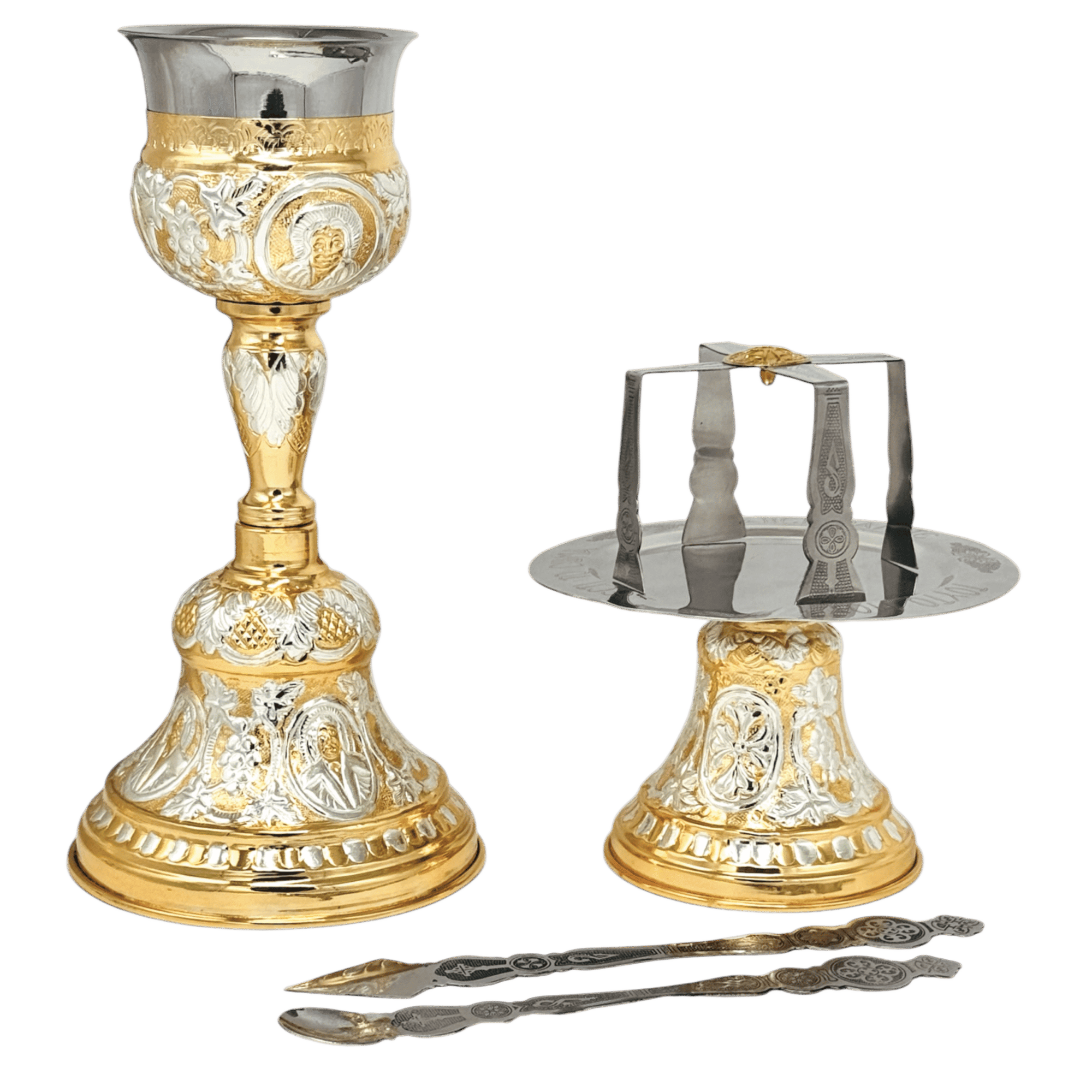 Elegant silver and gold ecclesiastical holy communion set with chalice, paten, and spoon, ideal for Orthodox church services and religious ceremonies, crafted with intricate designs.