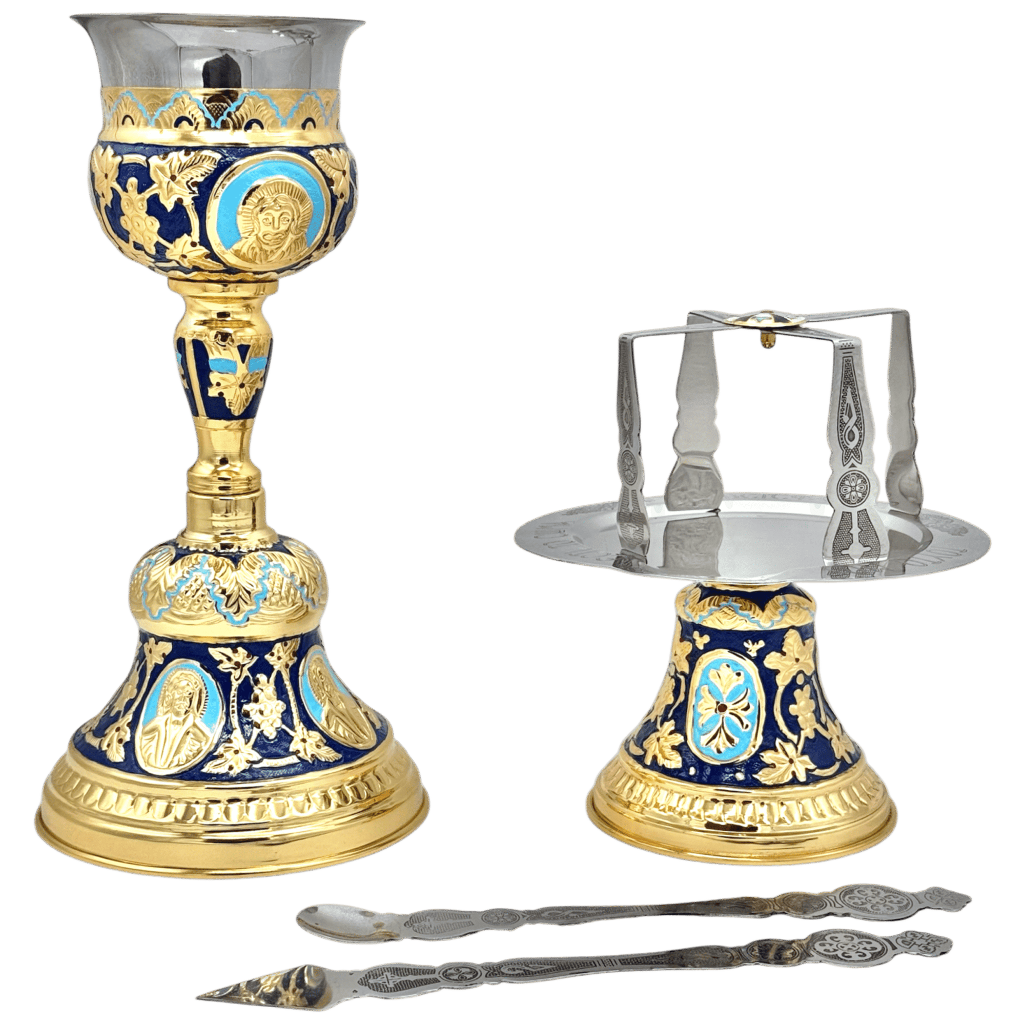 Ornate ecclesiastical liturgical items including a gold and blue decorated chalice, silver incense boat, and a spoon, used for religious ceremonies at Tsatsaronis Antoniou church supplies store.