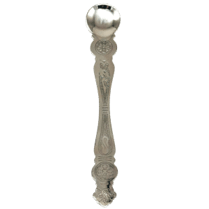Exclusively crafted silver liturgical spoon with intricate religious engravings, ideal for church sacraments and Orthodox religious ceremonies, offered by Tsa tsaroni Antonios.