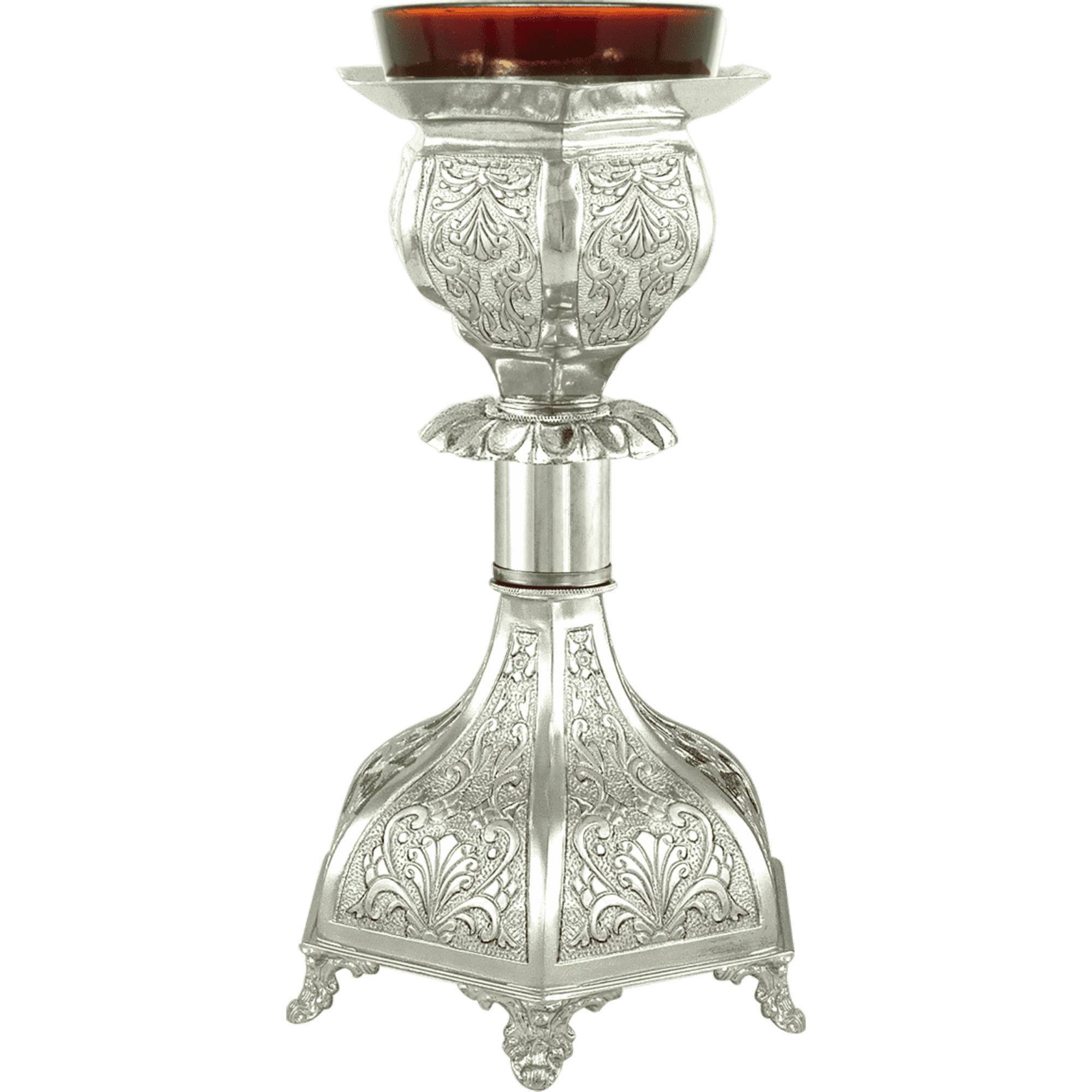 Intricately crafted silver religious candle holder for church ceremonies and Orthodox Christian rituals. Beautifully detailed, traditional ecclesiastical item for religious services.