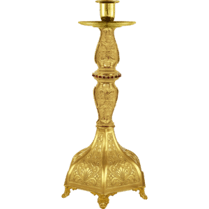 Gold church candle holder, ornamental religious liturgical item for church decor and ceremonies.