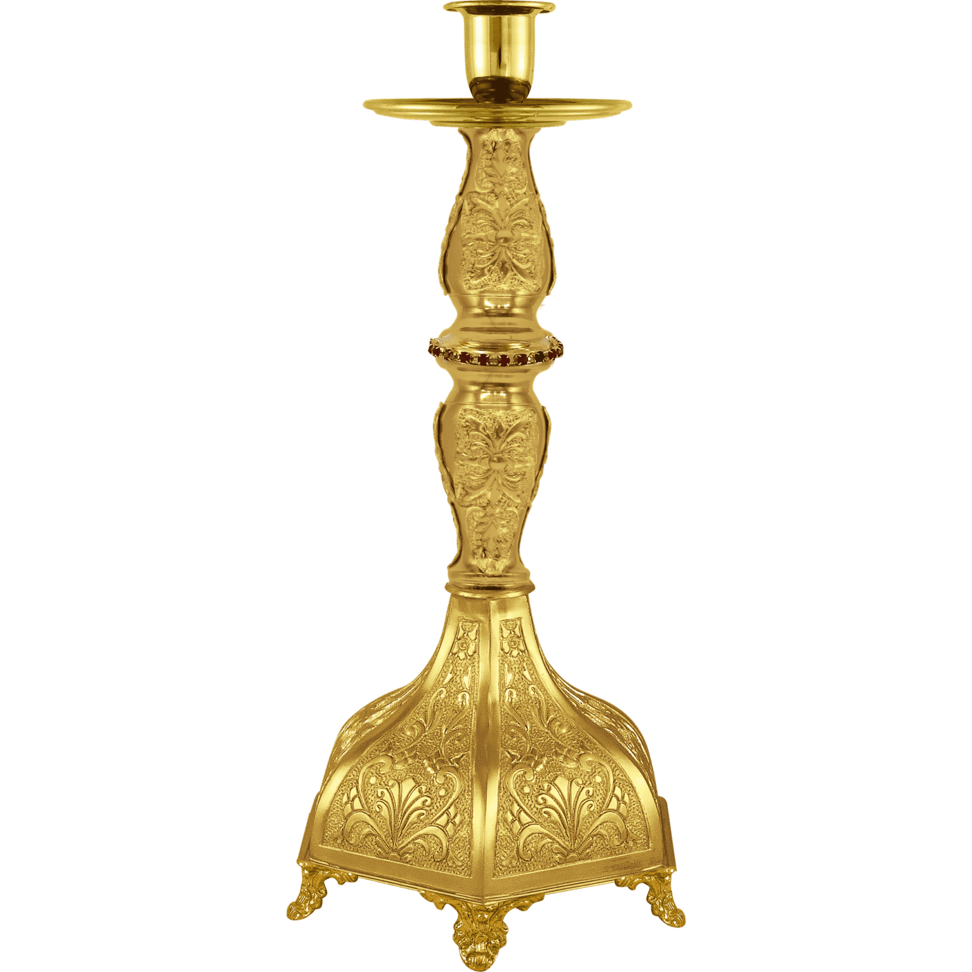 Gold church candle holder, ornamental religious liturgical item for church decor and ceremonies.