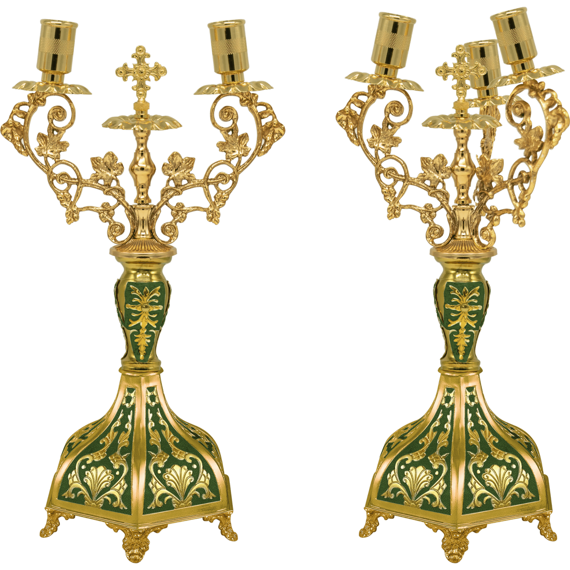 Intricate gold-plated ecclesiastical candleholders with green accents, ornate floral designs, perfect for church services and religious ceremonies.