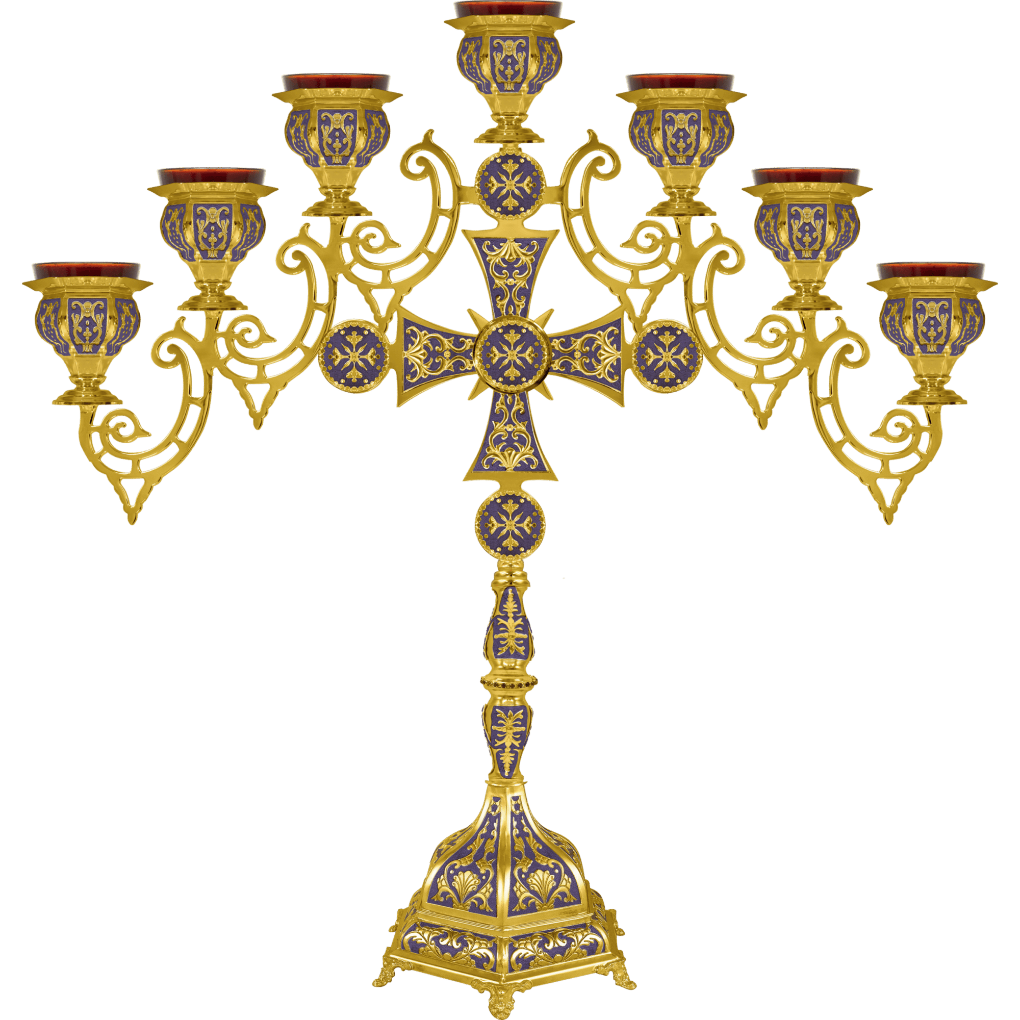 Gold and purple церковные подсвечники with intricate Orthodox Christian design, suitable for religious ceremonies and church decor.