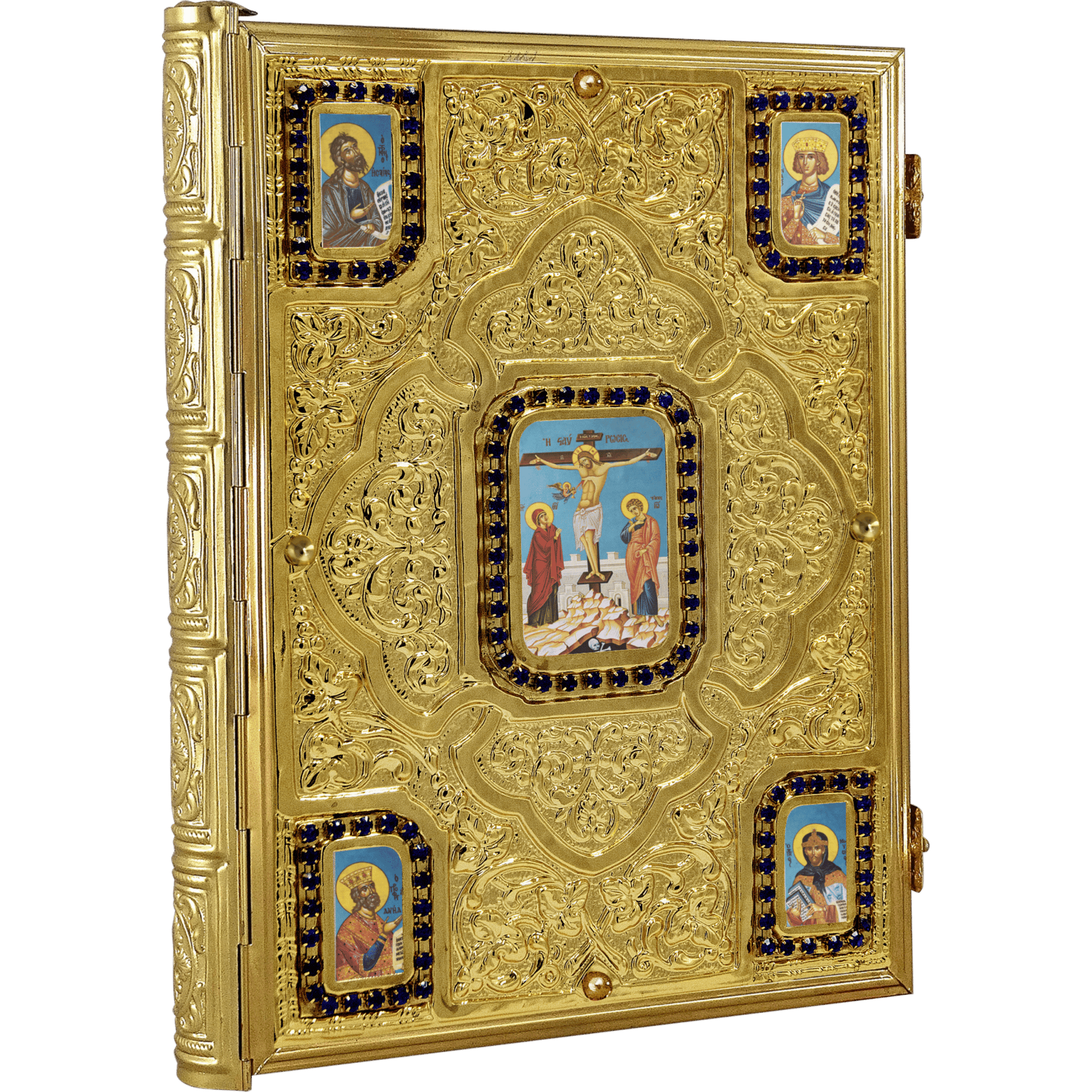 Ornate religious iconography and gold-plated ecclesiastical artifacts, featuring traditional Greek Orthodox Holy Icons, religious paintings, and ecclesiastical decorative items.
