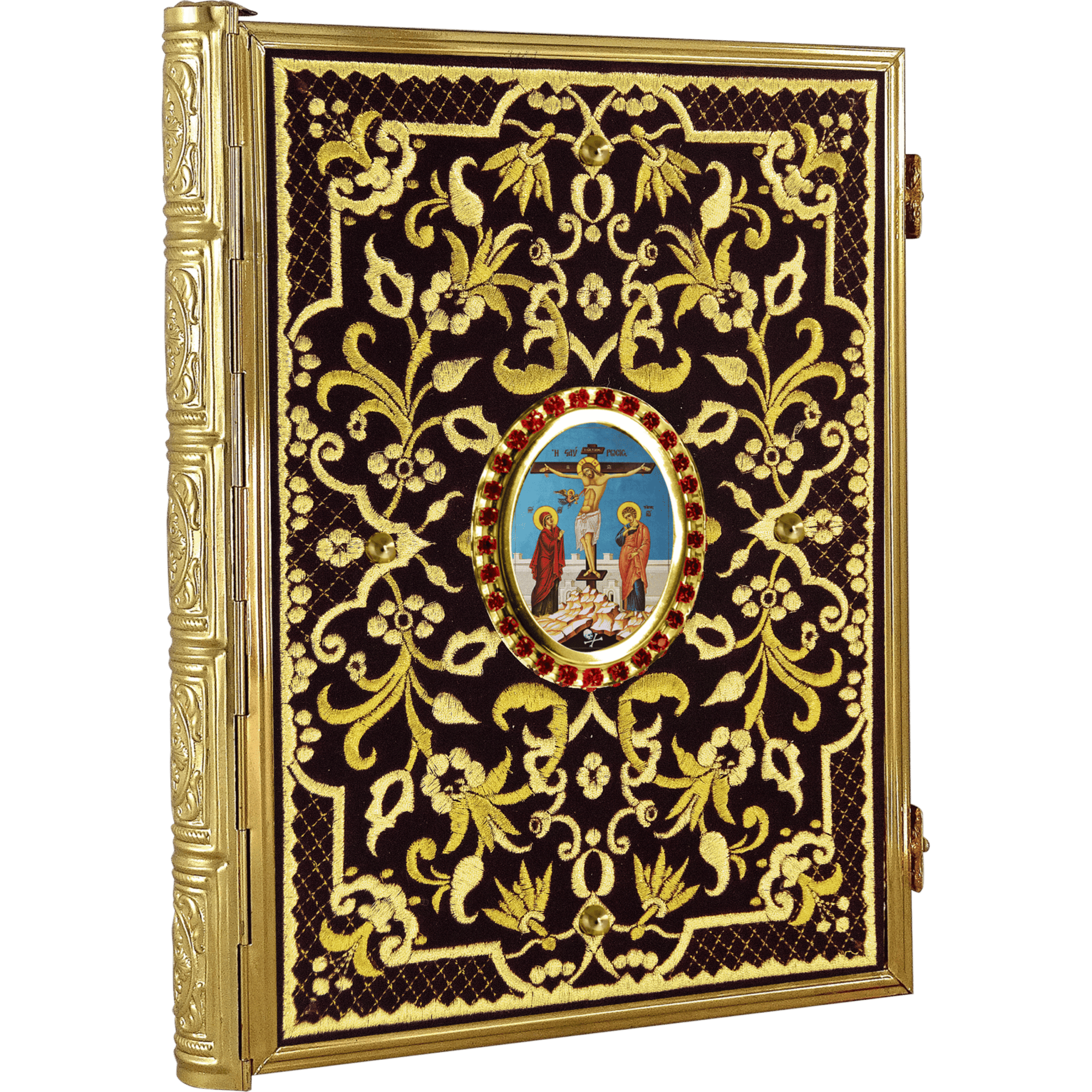 Ornate religious icon on an embroidered fabric background with gold and red accents, showcasing traditional ecclesiastical art and craftsmanship.