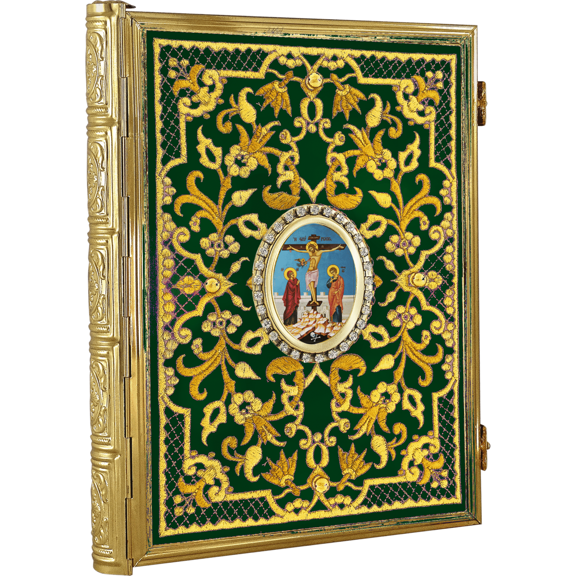 Intricate ecclesiastical icon with ornate gold embroidery, religious artwork at the center, used for church ceremonies and divine worship. Perfect for liturgical events and religious decoration.
