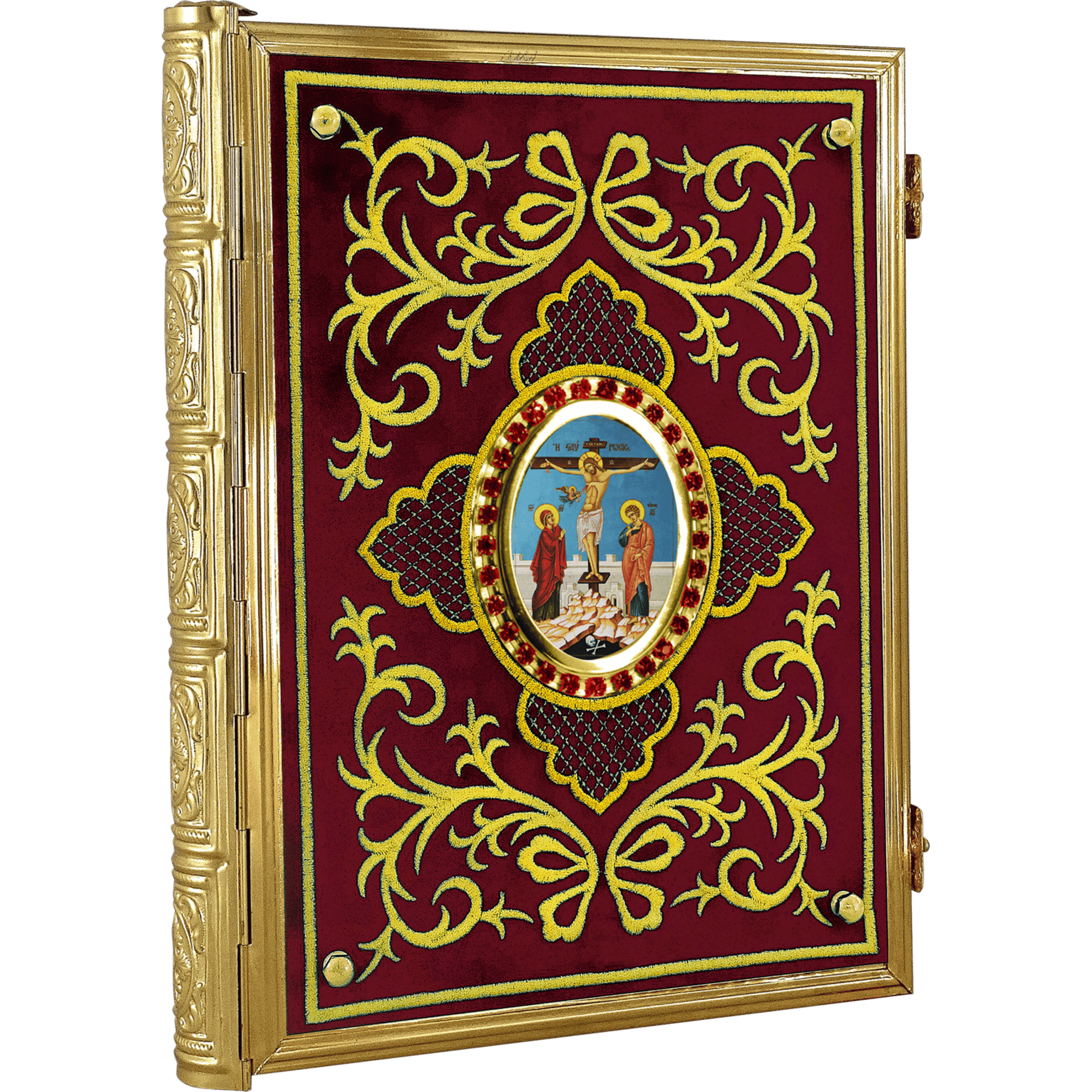 Intricate religious icon on a velvet background, framed with gold, showcasing traditional Orthodox Christian symbols and craftsmanship in ecclesiastical art at Tsaxtaronis Antonios.