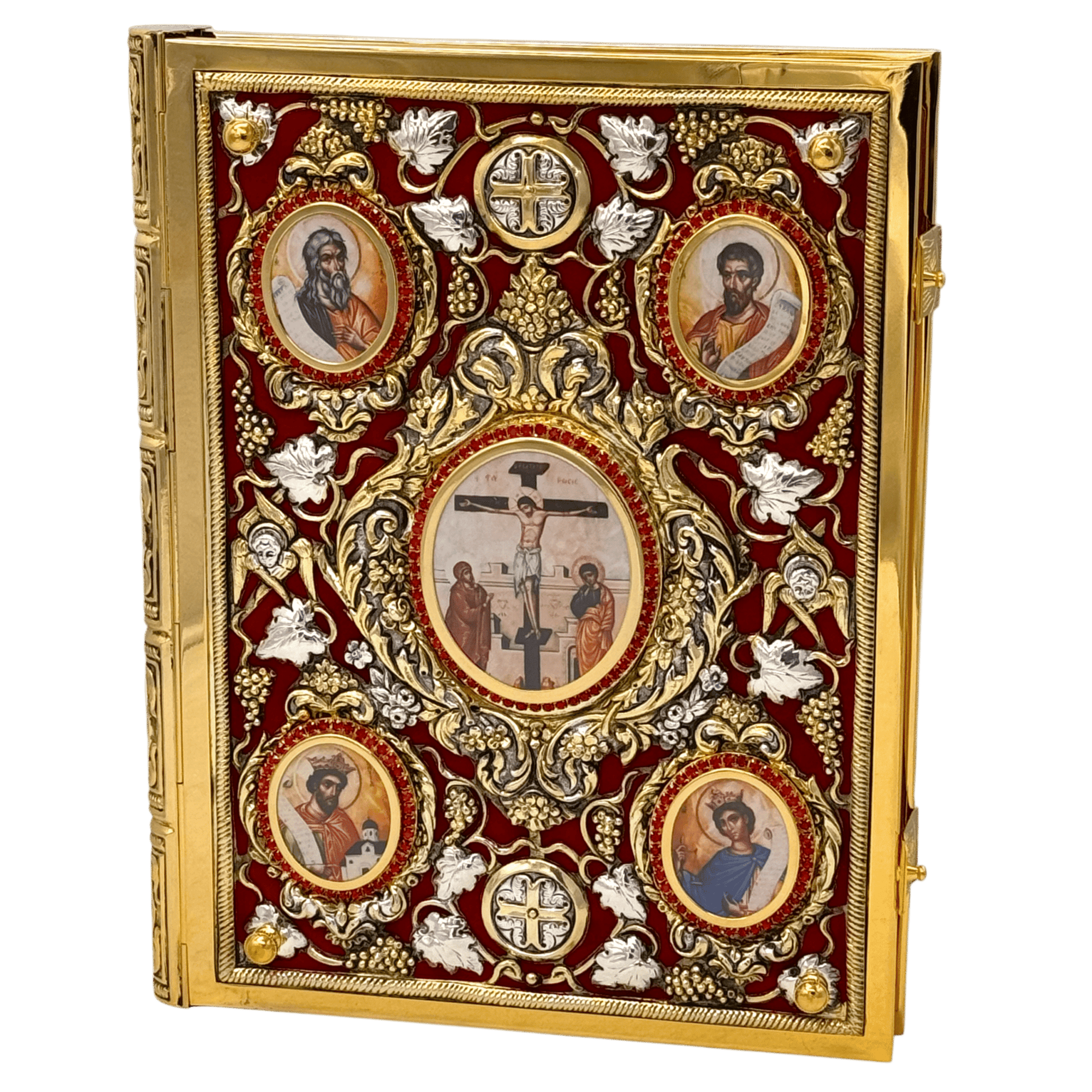 Ornate religious iconography on a gilded ecclesiastical artifact, featuring Christ on the cross and various saints, crafted with intricate metalwork and vibrant colors.