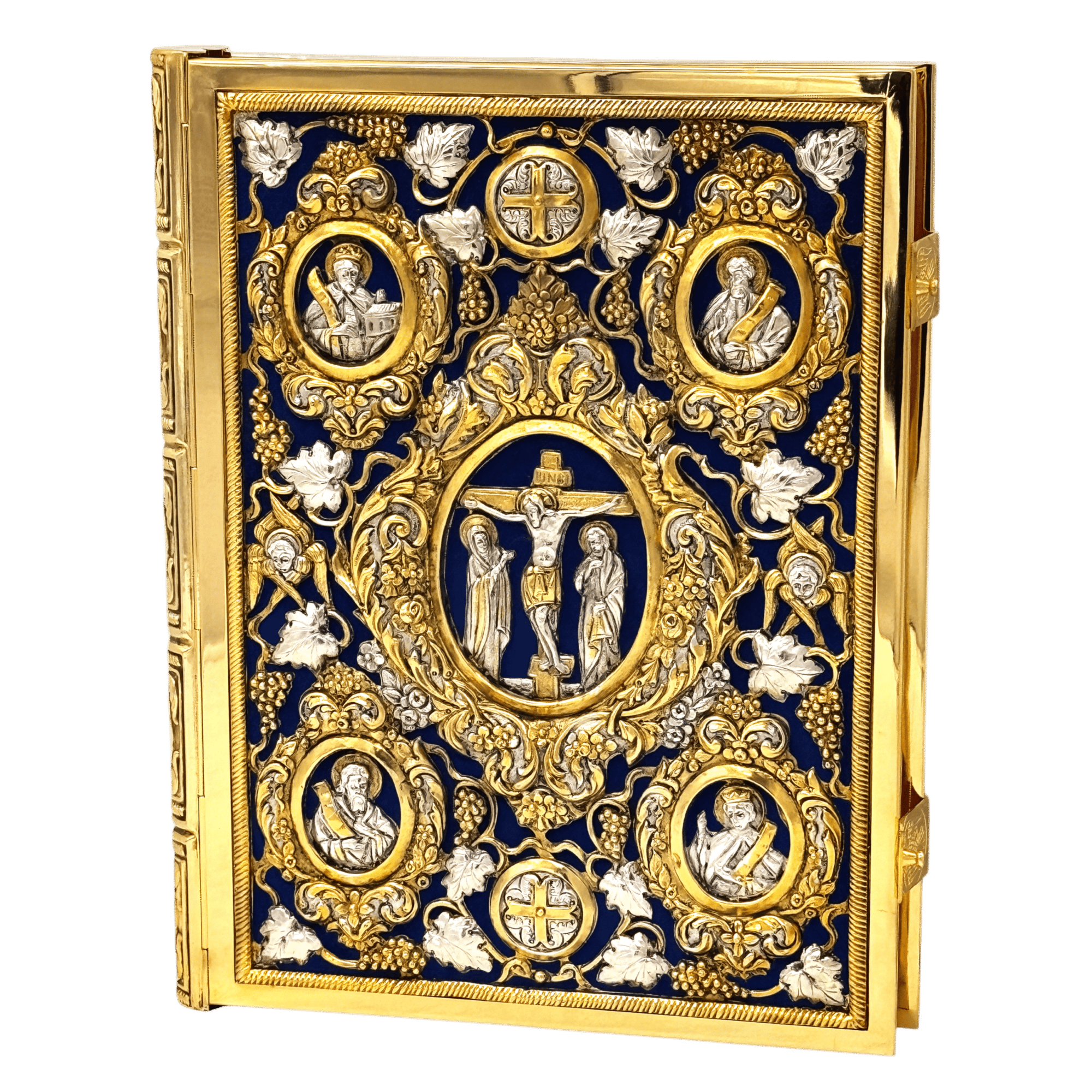 Intricate gold and silver religious iconography with crucifixion scene, saints, and Christian symbols, suitable for church decor and religious ceremonies.