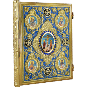 Ornate Orthodox Christian icon with gold-leaf detailing, featuring religious icons and scenes, perfect for church decor and divine worship.