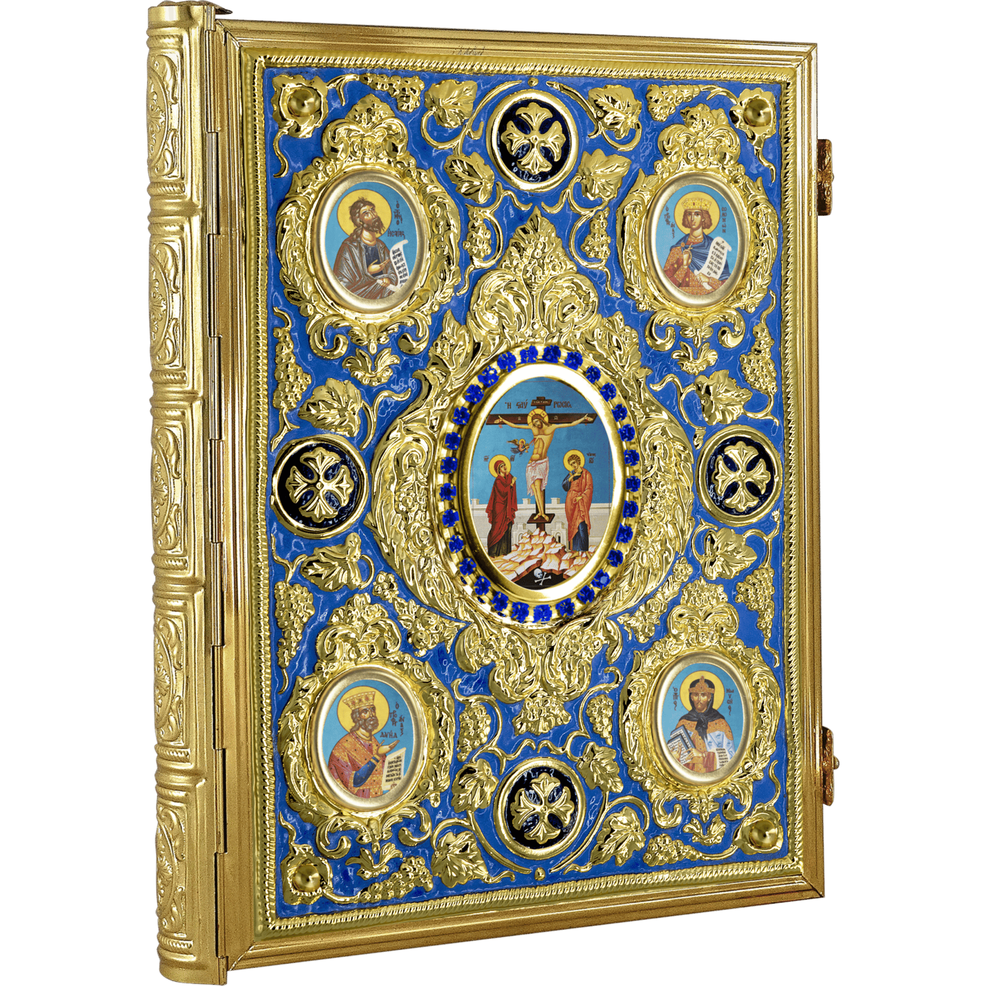 Ornate Orthodox Christian icon with gold-leaf detailing, featuring religious icons and scenes, perfect for church decor and divine worship.