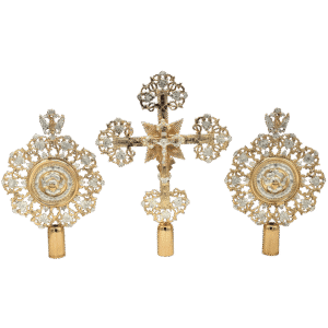 Intricate gold and silver religious ecclesiastical Holy Spirit and cross symbols, traditional Greek Orthodox church adornments, crafted with detailed filigree for church ceremonies and religious celebrations.