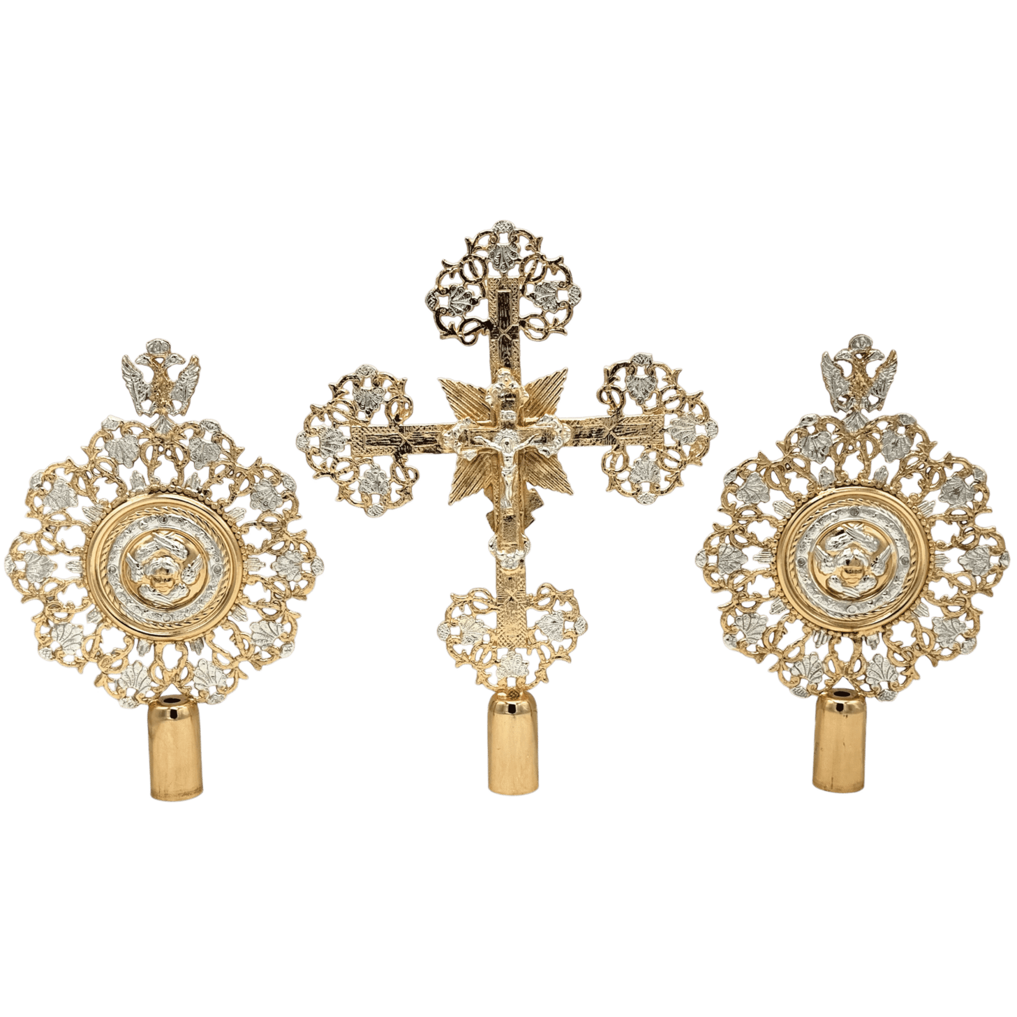 Intricate gold and silver religious ecclesiastical Holy Spirit and cross symbols, traditional Greek Orthodox church adornments, crafted with detailed filigree for church ceremonies and religious celebrations.