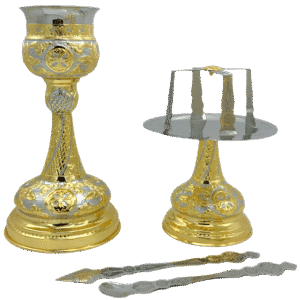 Elegant gold and silver liturgical church items, including candle holders and a censer, perfect for Orthodox religious ceremonies, handcrafted by Tsa tsaronis Antonios.