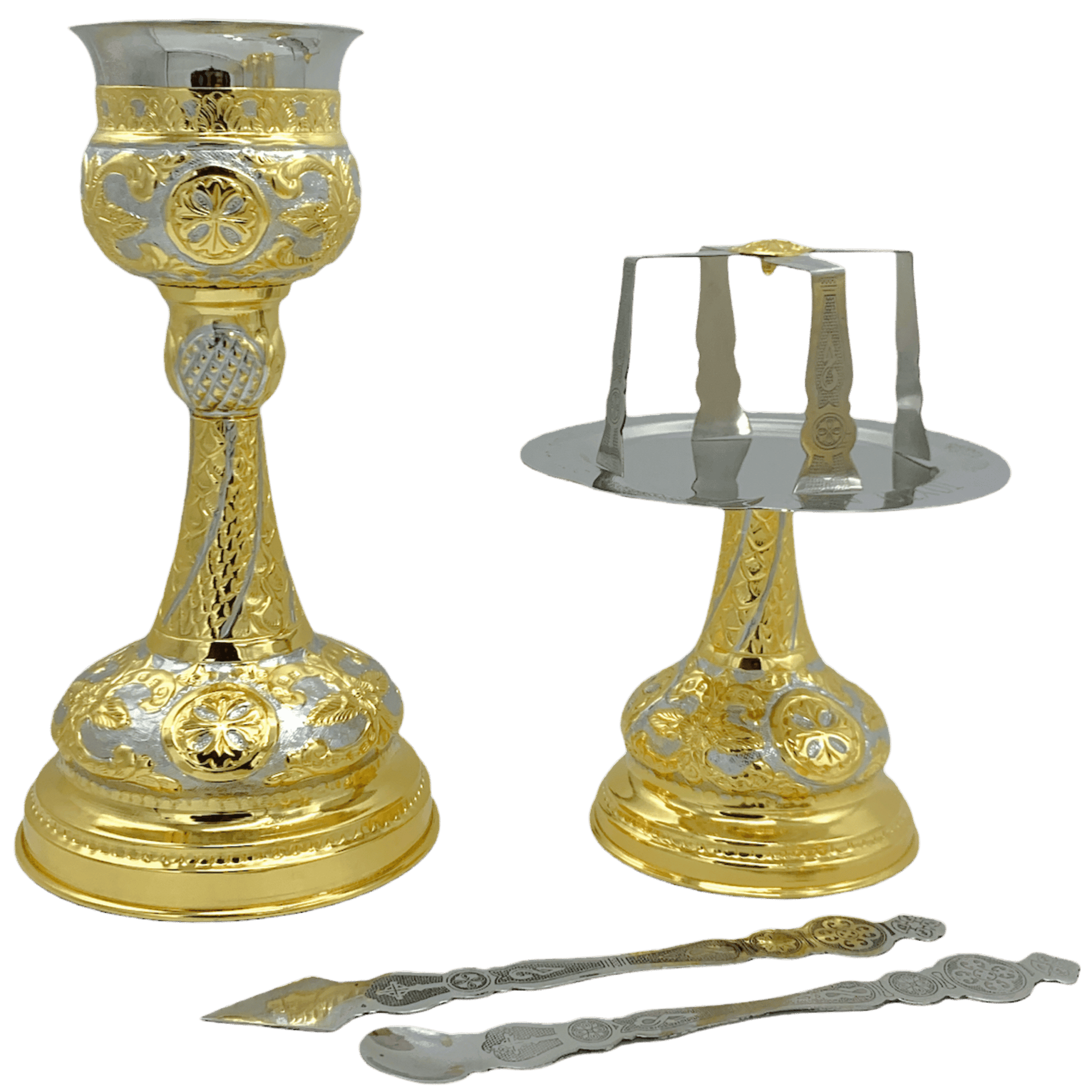 Elegant gold and silver liturgical church items, including candle holders and a censer, perfect for Orthodox religious ceremonies, handcrafted by Tsa tsaronis Antonios.