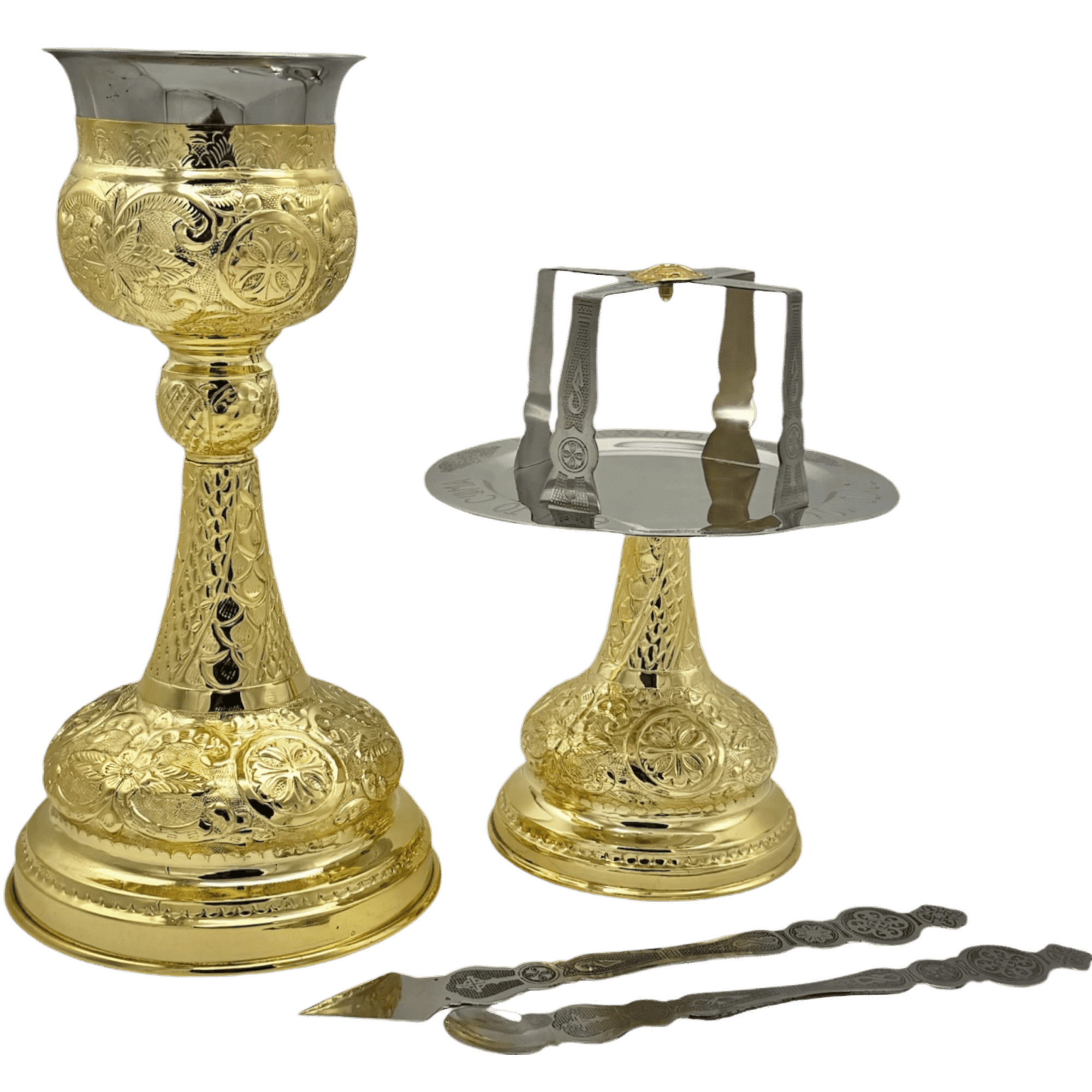 Ornate gold-plated Eucharist and liturgical items for Orthodox church ceremonies displayed on a black background.