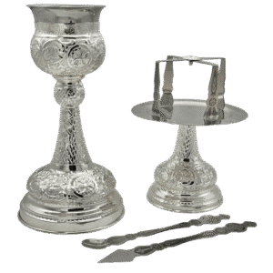 Intricately detailed silver religious candleholder and tray set for church ceremonies, featuring traditional Greek ecclesiastical design, perfect for Orthodox Christian liturgical use.
