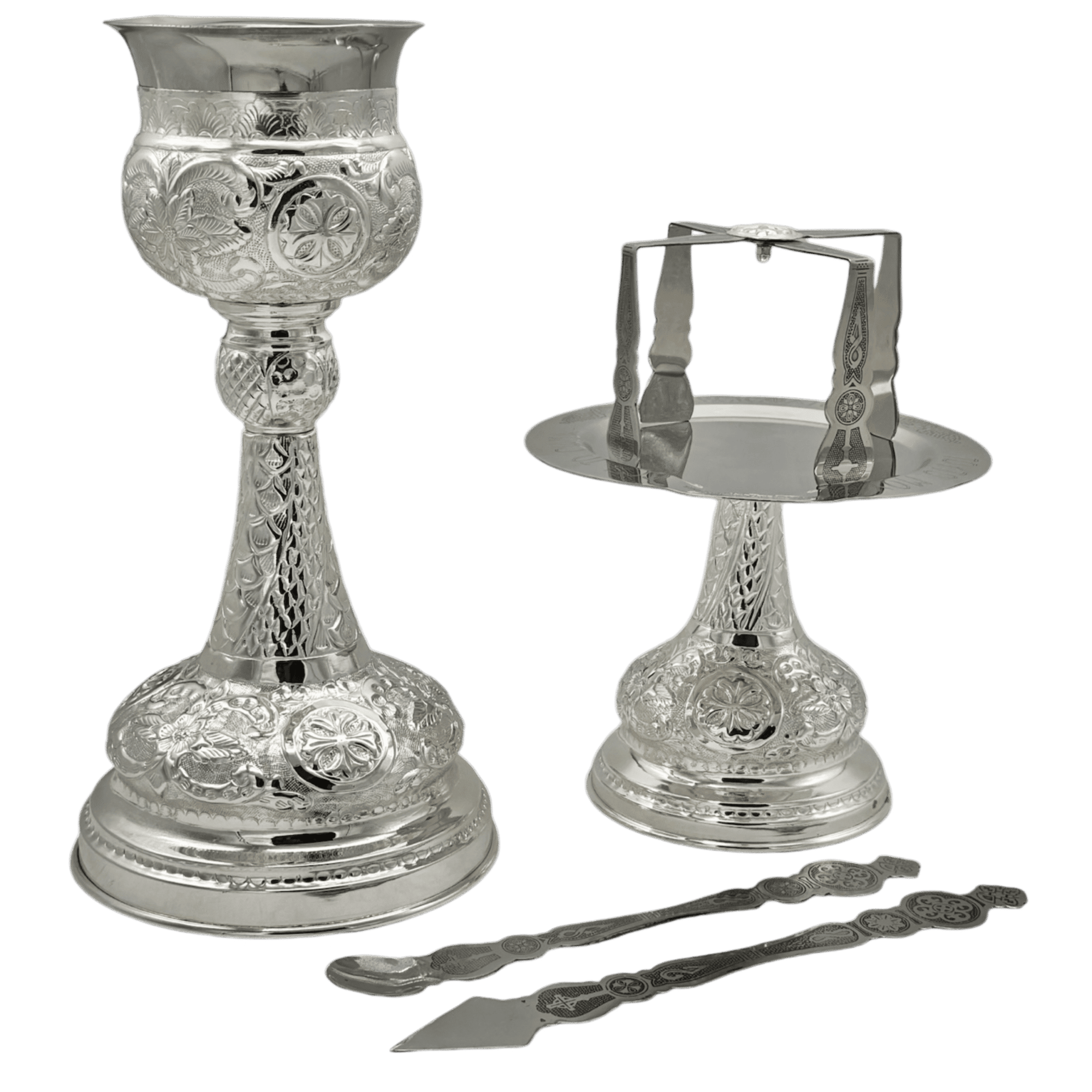 Intricately detailed silver religious candleholder and tray set for church ceremonies, featuring traditional Greek ecclesiastical design, perfect for Orthodox Christian liturgical use.