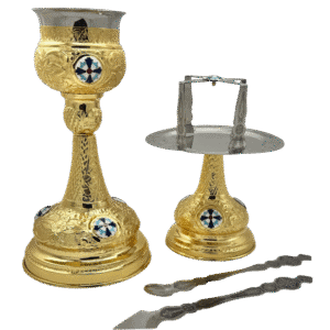 Ornate gold and silver ecclesiastical liturgical candle holder and tray, religious church items, Orthodox Christian church supplies, decorated with traditional motifs.