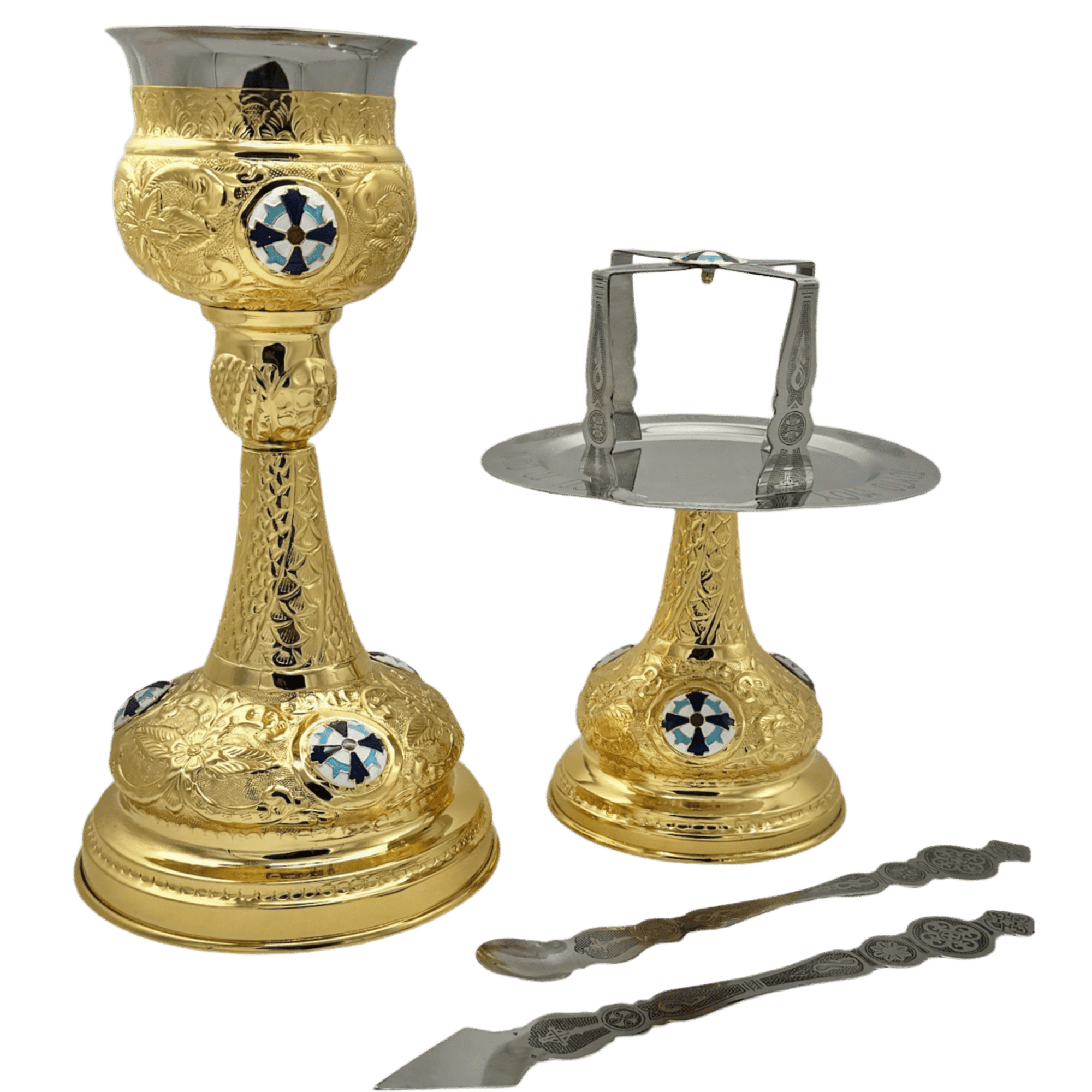 Ornate gold and silver ecclesiastical liturgical candle holder and tray, religious church items, Orthodox Christian church supplies, decorated with traditional motifs.