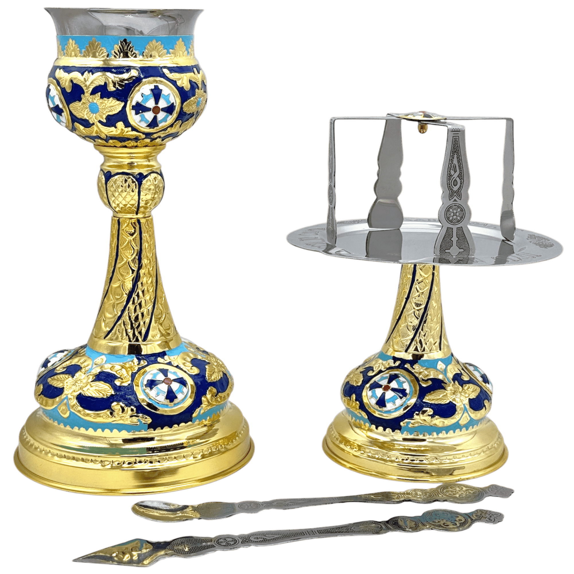 Ornate religious candle holder and incense burner with gold and blue intricate designs, used in Orthodox church ceremonies.