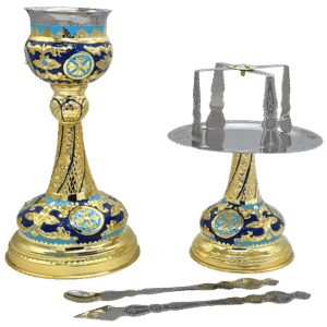 Ornate silver and gold liturgical ecclesiastical items for Church rituals, including a chalice, censer, and communion utensils, with intricate religious designs and blue accents.