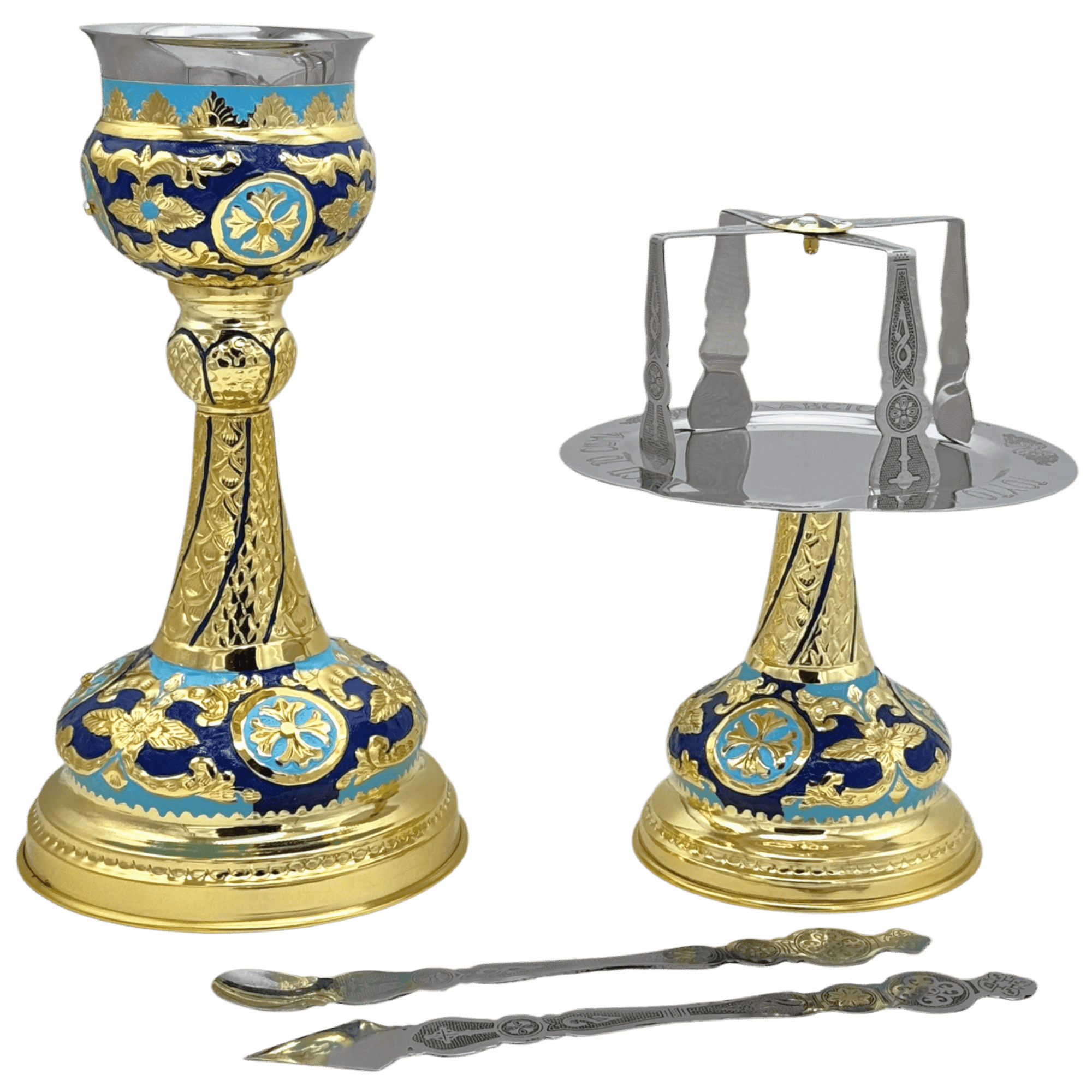 Ornate silver and gold liturgical ecclesiastical items for Church rituals, including a chalice, censer, and communion utensils, with intricate religious designs and blue accents.