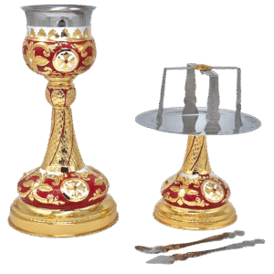 Ornate religious processional candlestick and incense holder with intricate gold and red designs, used in Orthodox church ceremonies.