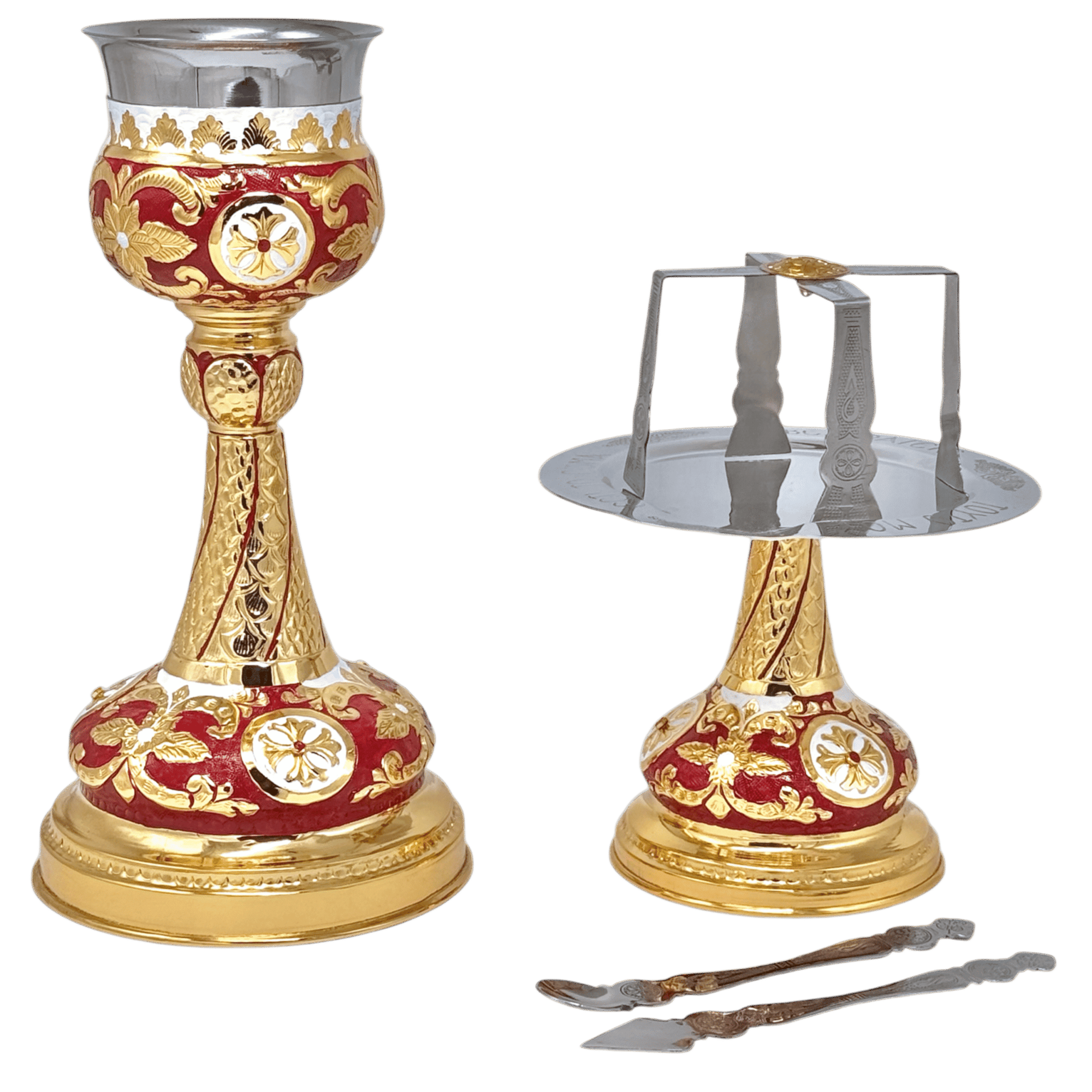 Ornate religious processional candlestick and incense holder with intricate gold and red designs, used in Orthodox church ceremonies.