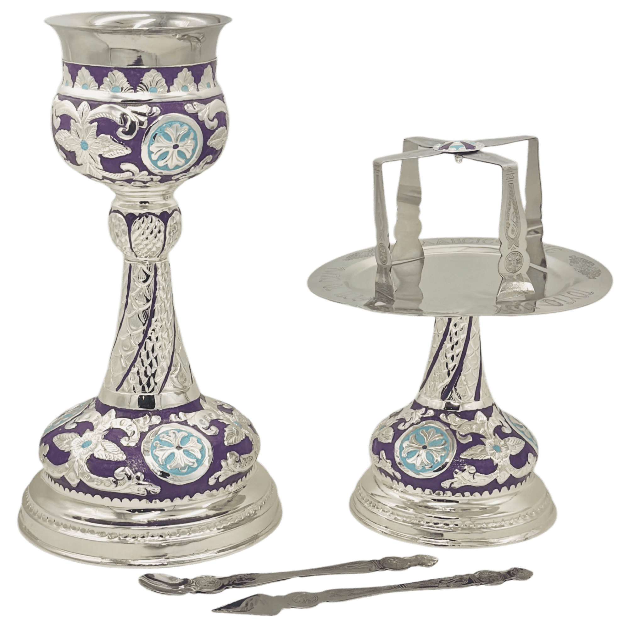 Ornate silver ecclesiastical incense burner, tray, and spoon set for Orthodox church ceremonies, featuring intricate religious motifs and craftsmanship.