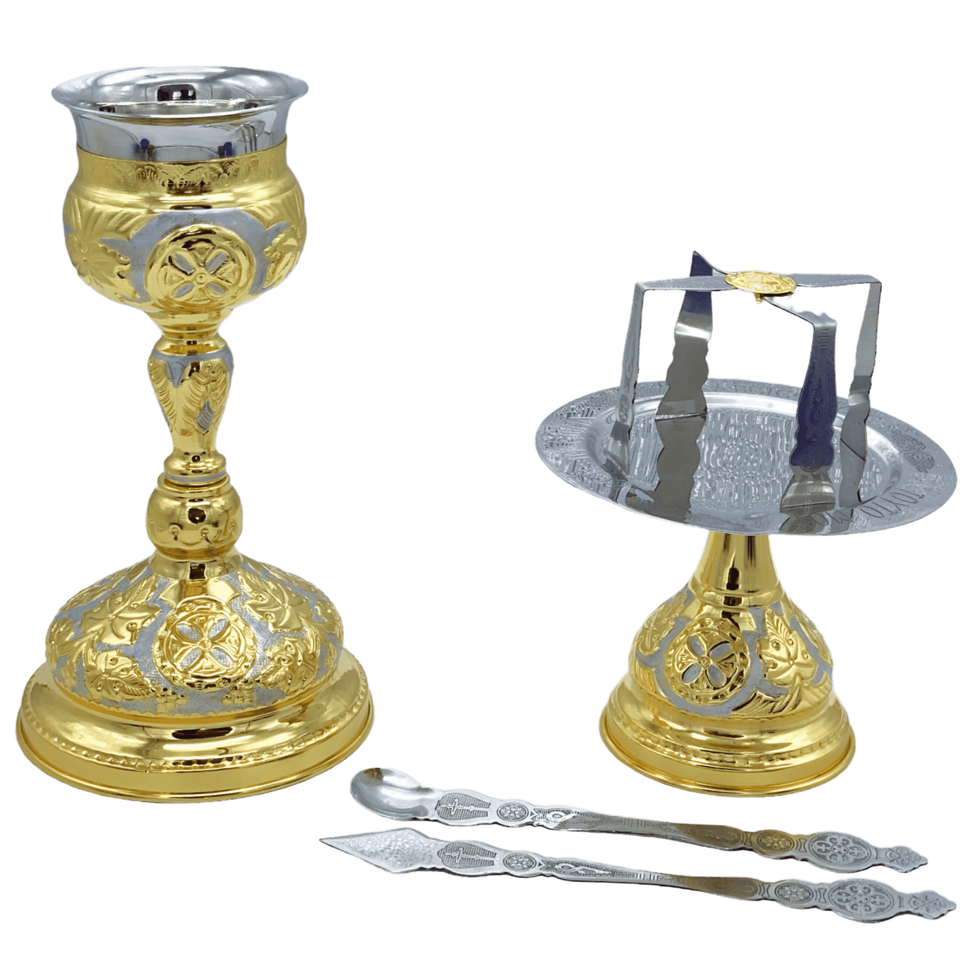 Elegant gold and silver ecclesiastical liturgical items including a chalice, paten, and utensils for Christian церковные служебные предметы religious ceremonies.