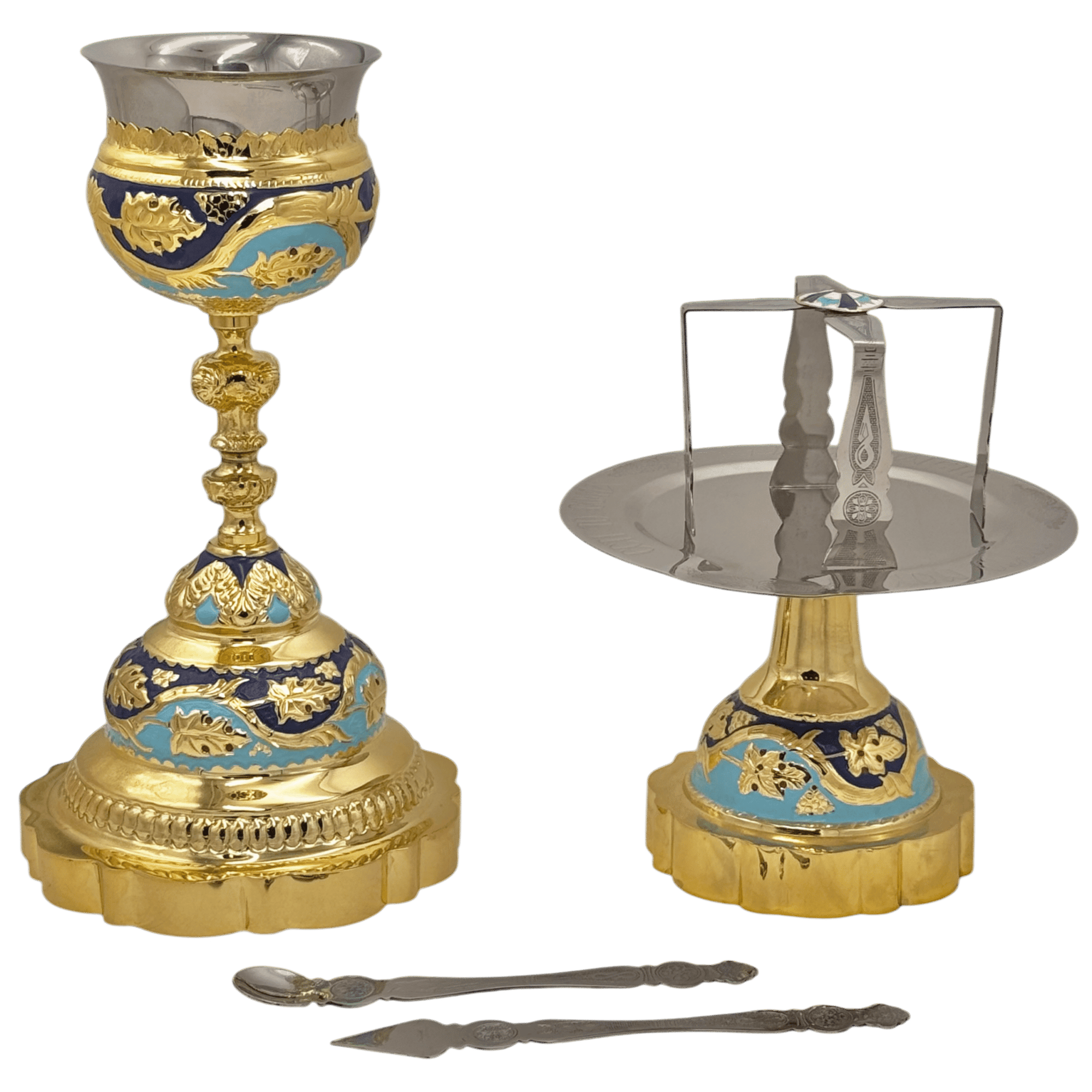 Intricately designed ecclesiastical chalice and paten set with gold and blue accents, used in church services for Holy Communion and religious ceremonies.